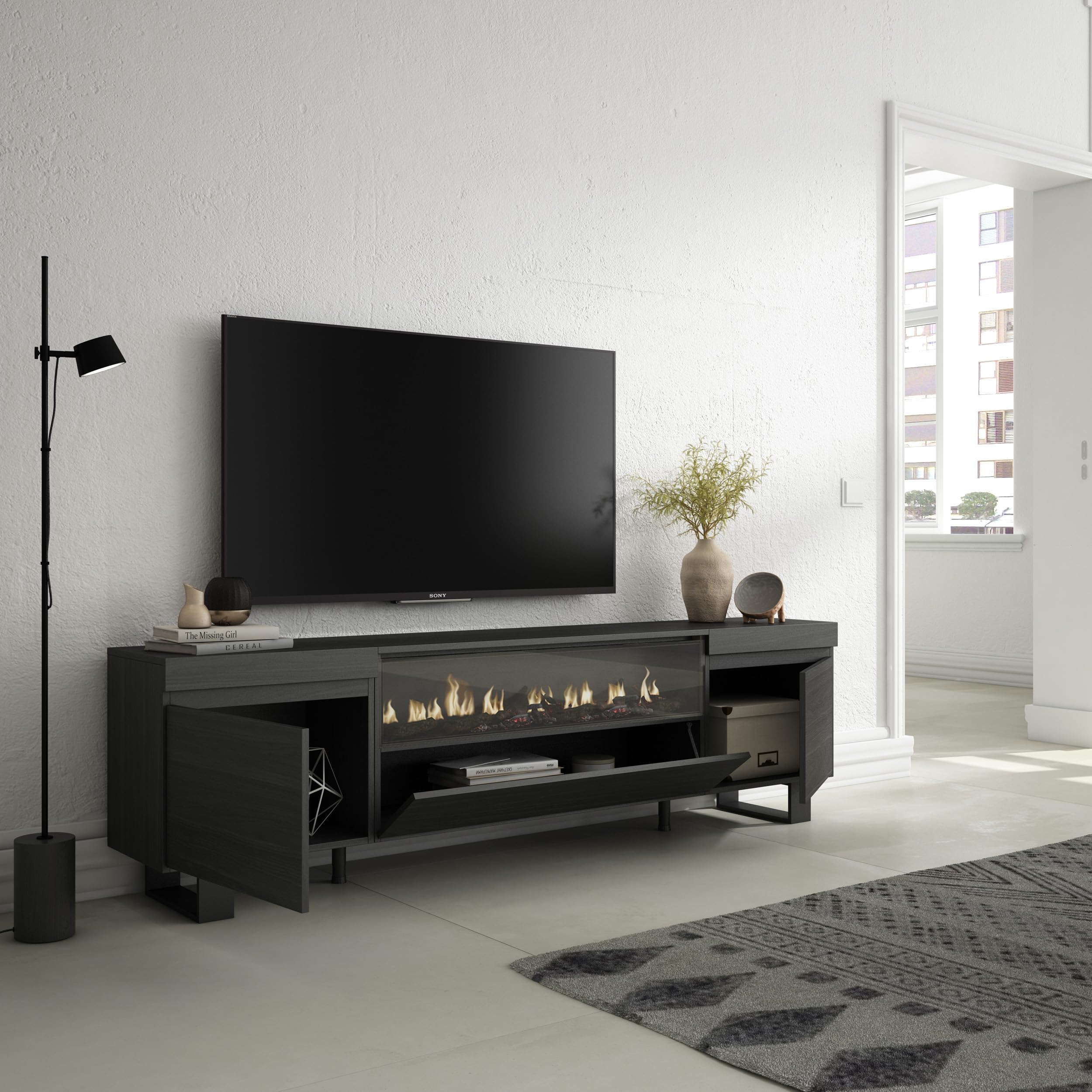 Meuble TV, Banc Télé, 207x61x35 cm, Pour les TV jusqu'à 80, Design industriel, Chêne et