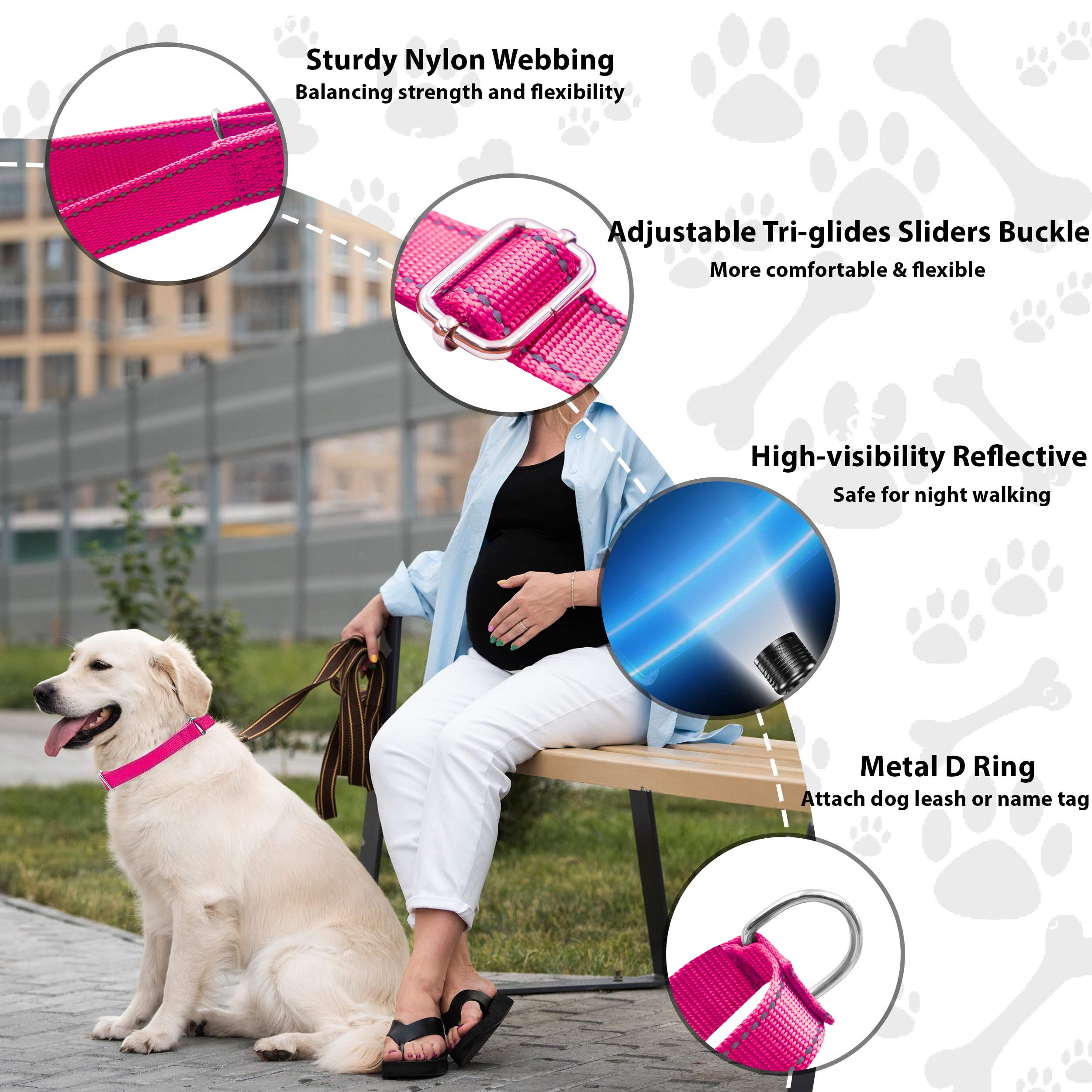 Seyezo Martingale Dog Collar, Slip Martingale Collar for Dogs with No Buckle, Reflective Pet Trainning Collar for Small Medium Large Dog, Adjustable Heavy Duty Nylon No Pull Slip Collar, M, Hot Pink