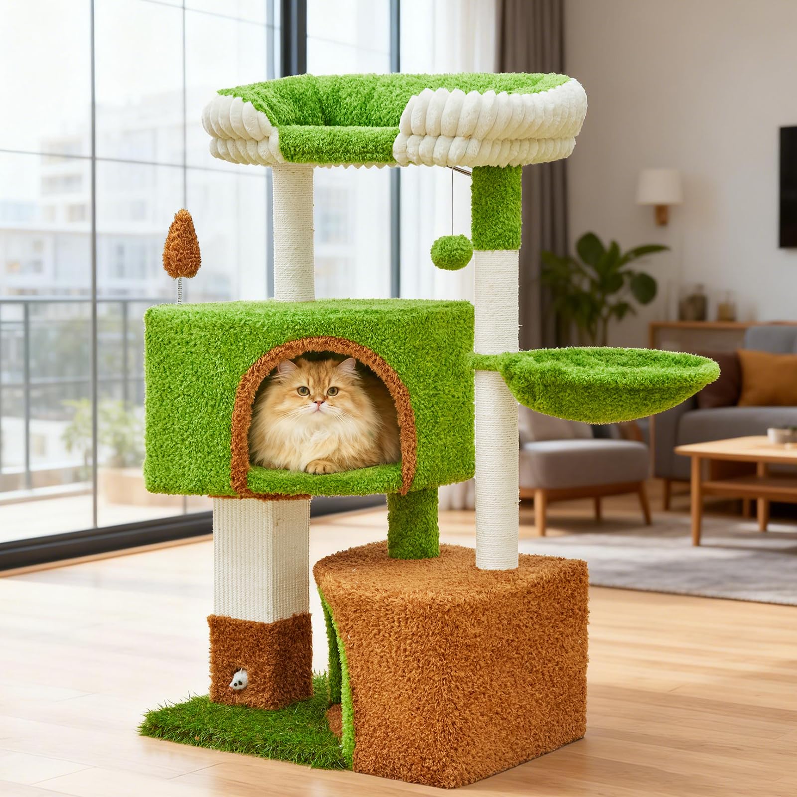 Woochpet 42-inch Cat Tree Features with Two Large Cat Houses, A Cozy Hammock, Sisal Rope and Oversized Platform (Green)