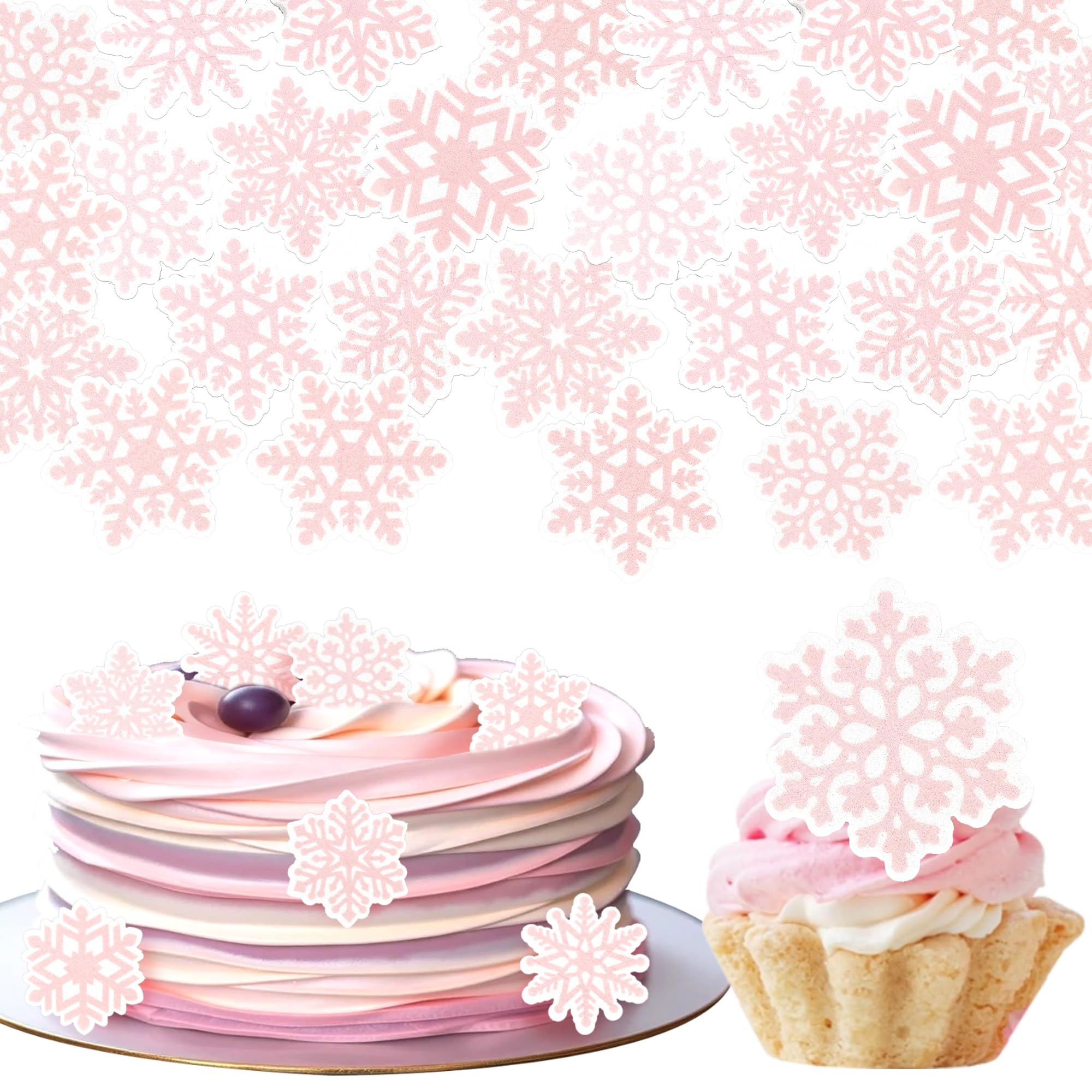 60 Pack Edible Snowflake Cupcake Toppers Wafer Paper Snowflake Cupcake Picks Edible Frozen Cake Decorations for Christmas Winter Frozen Theme Baby Shower Party Cake Food Decorations Supplies Pink