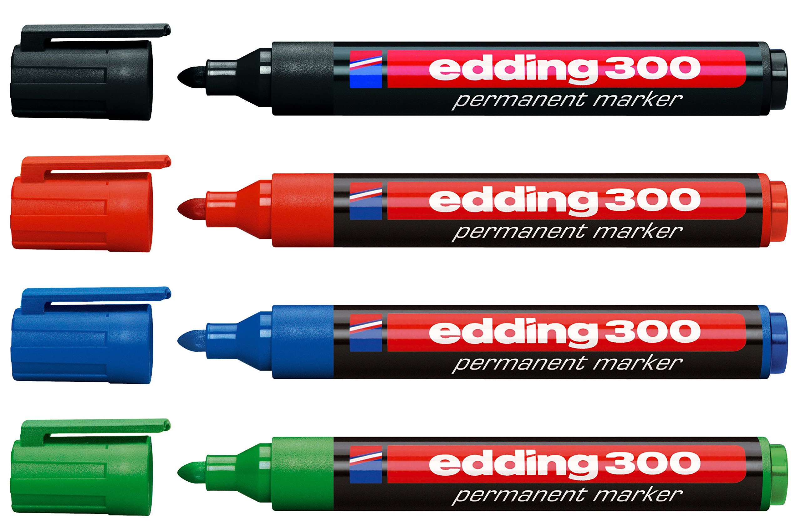 Edding 300 - Juego de 4 rotuladores permanentes (rellenables, 1,5 3 mm), color negro, rojo, azul y verde