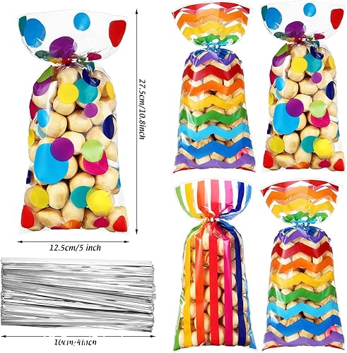 Miniatura 2 de 105 bolsas de celofán arcoíris a granel, bolsas de regalo de fiesta de arcoíris con lazos giratorios para galletas de caramelo, cumpleaños, aula,