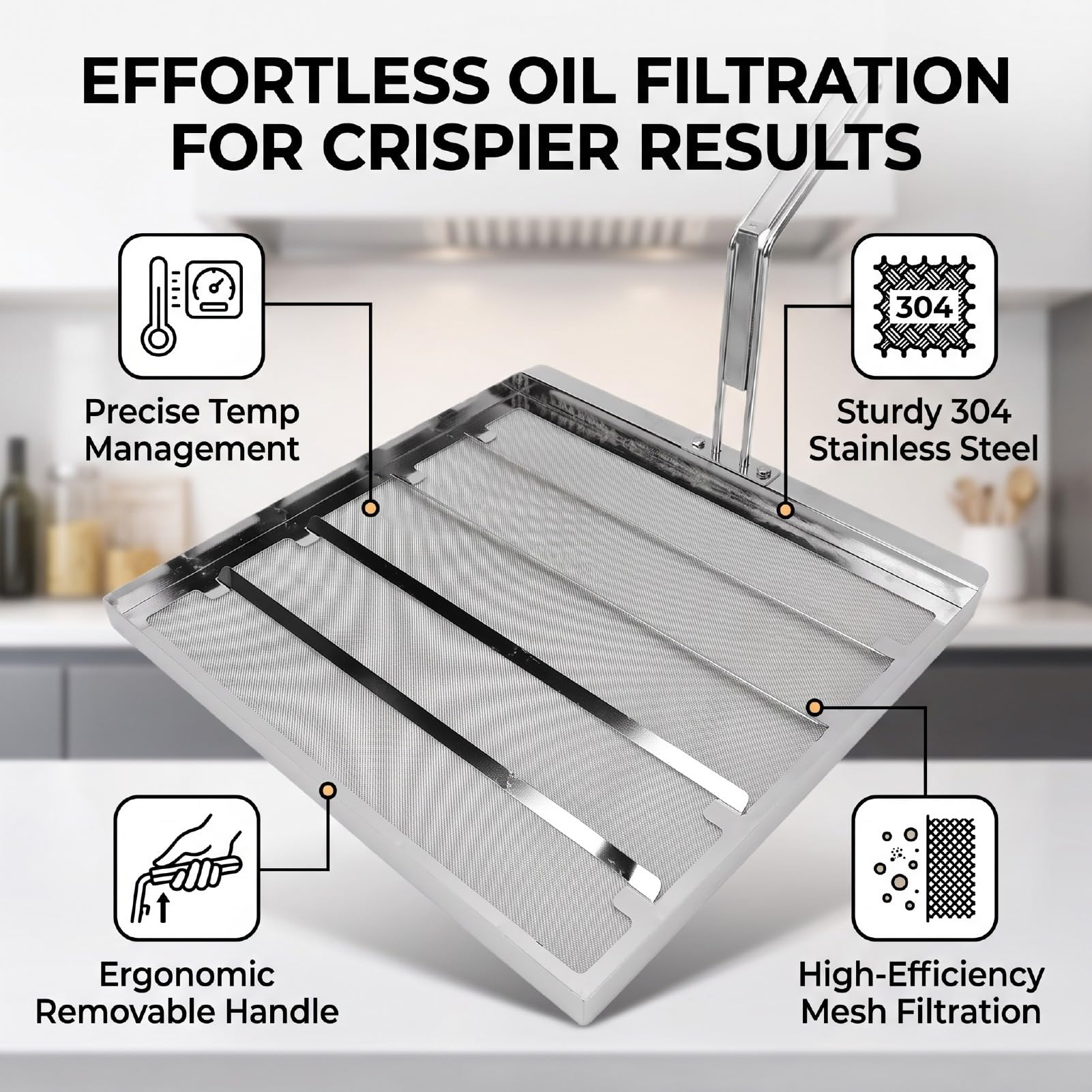 Fritteusenfilter Aus 304 Edelstahl mit 500 Mikron Masche Echtzeit | Verhindert ÖL ÜBerhitzung und Karbonisierung für Gewerbliche Restaurantküchen Umfasst Thermometer Griff Installationswerkzeug