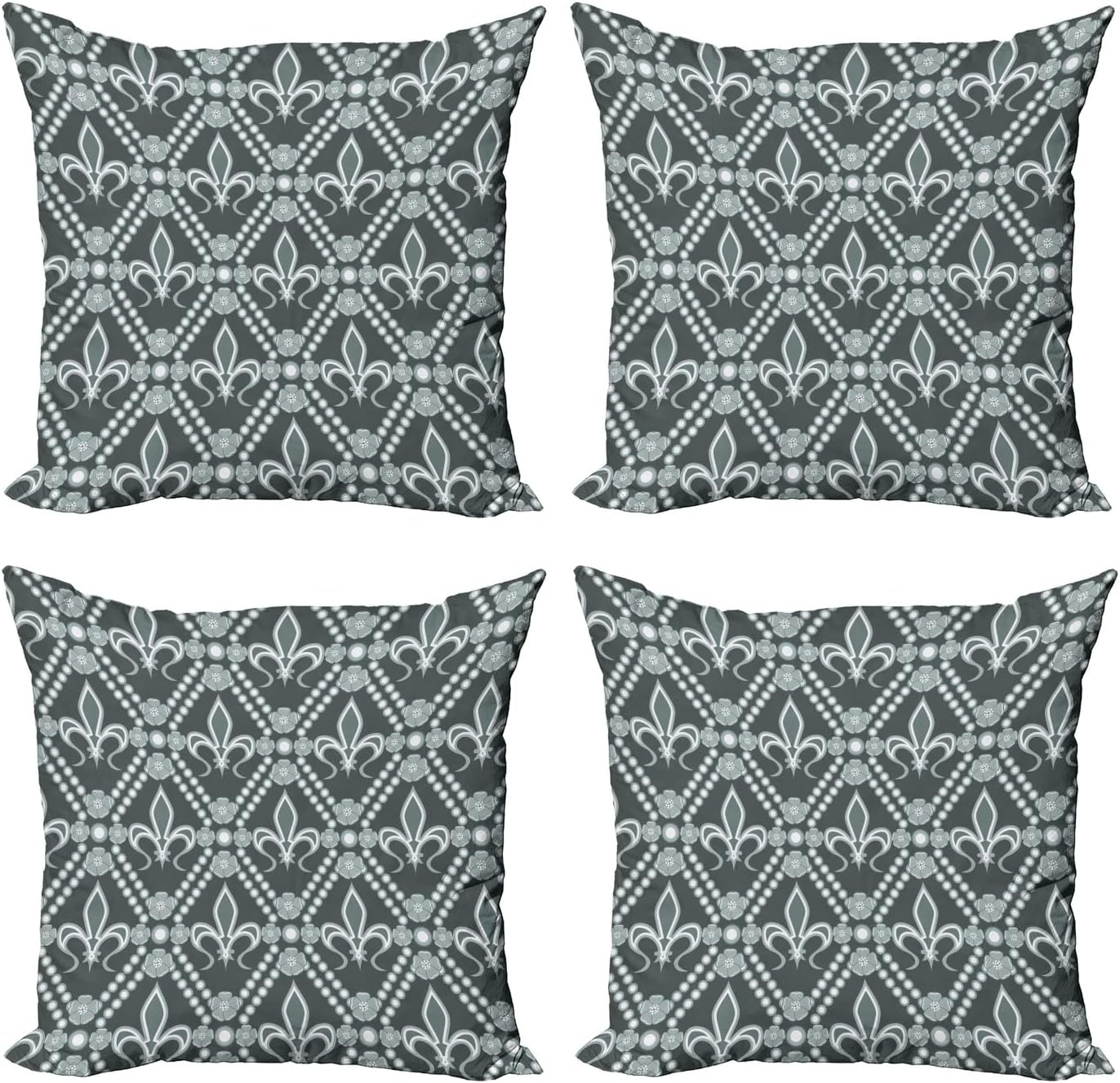 Ambesonne Fleur De Lis Throw Pillow Cover Set of 4, Abstract Dotted Rectangles with Floral Pattern Polka Dots with Vintage Motifs, Square Cushion Covers Decor for Bed Couch Sofa, 16"x16", Sage Green