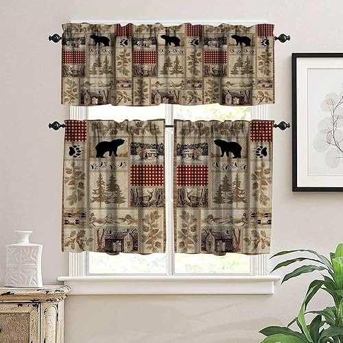 Miniatura 4 de Cenefas de cocina rústicas para ventanas, estilo retro, estilo campestre, alce, ciervo, pino, alce, bolsillo para barra, cortina para restaurante,