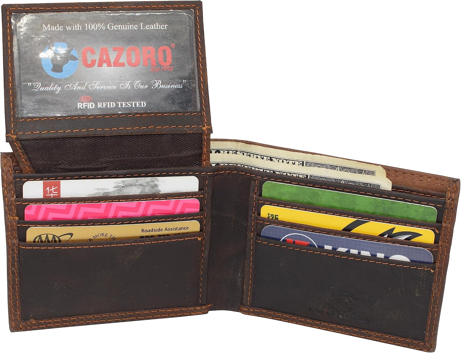 CAZORO AirTag Wallet - Bifold Genuine Leather RFID Blocking Men's Wallet With AirTag Holder 2 ID Windows 10 Cards Holders - Airtag Not Included (Brown)