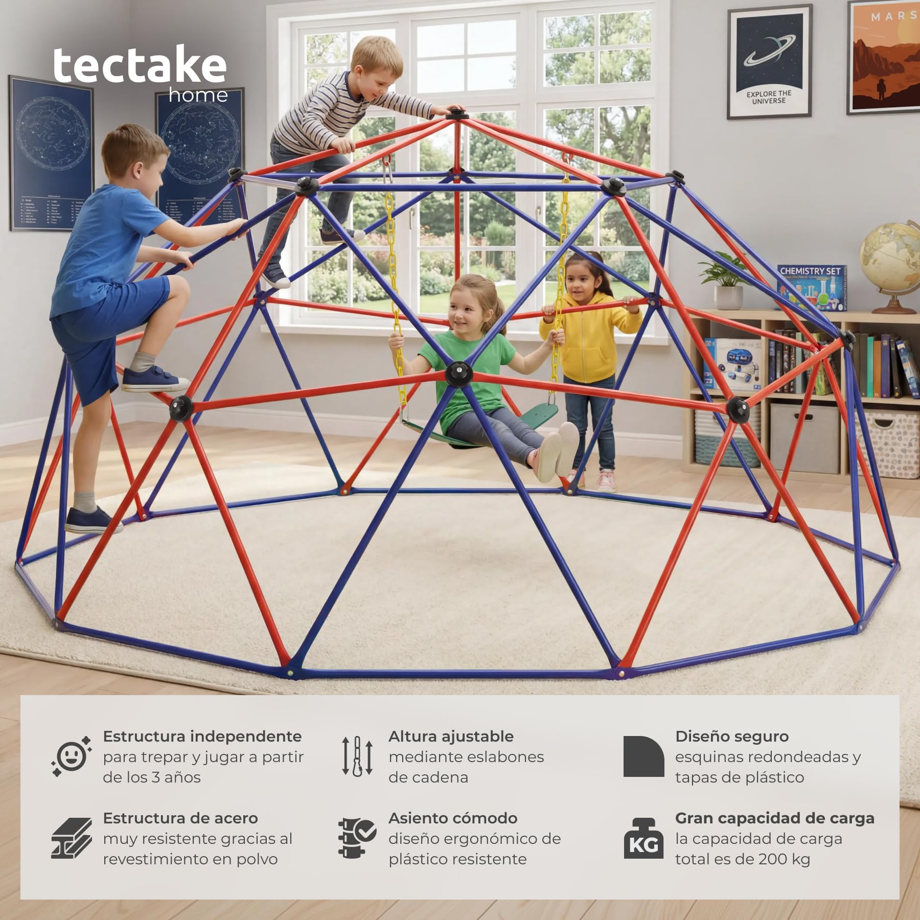 tectake® Domo Geodesico 305 x 305 x 158 cm, Escalada Niños, Columpio Infantil, Columpio Jardin Exterior, Parque Infantil Exterior, Estructura de Acero Resistente, Uso Interior o Aire Libre