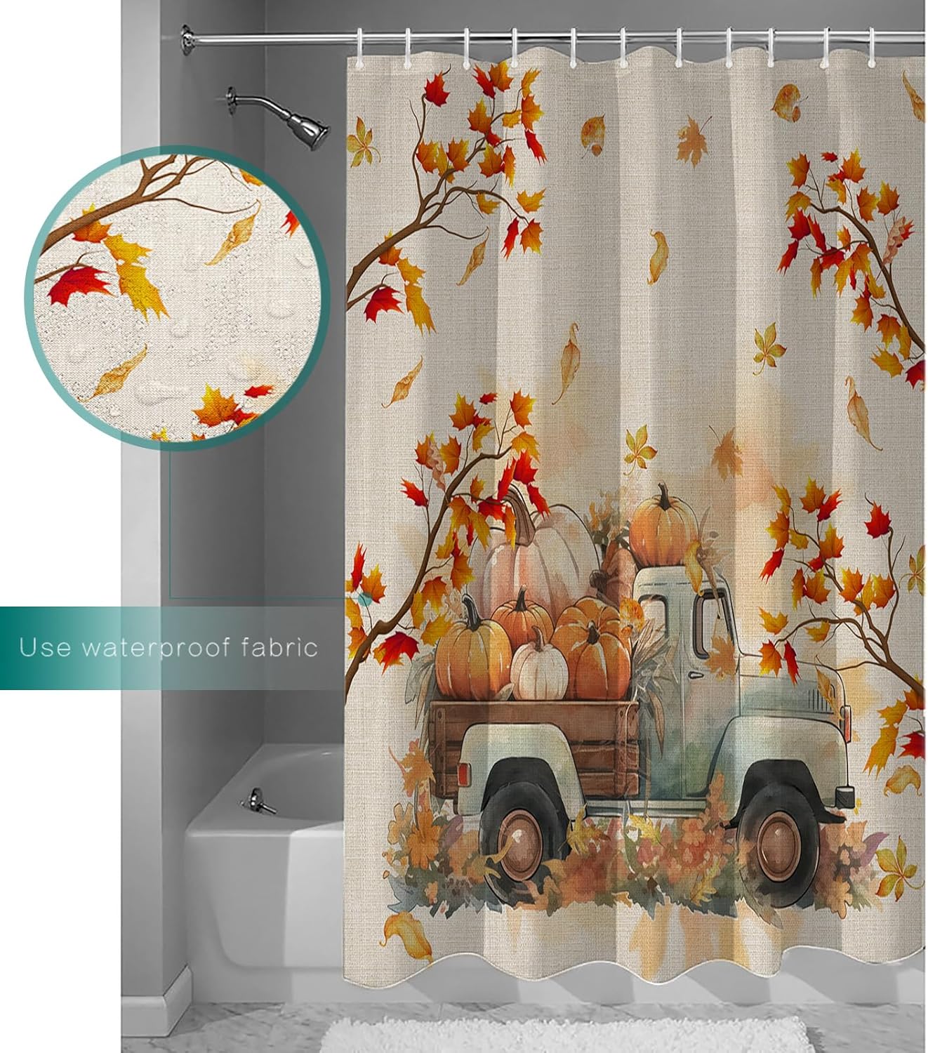 Thanksgiving Shower Curtain for Bathroom 54" x 78" Fall Pumpkin Truck Maple Leaves Autumn Shower Curtain with Hooks Polyester Waterproof Home Bathtub Decor
