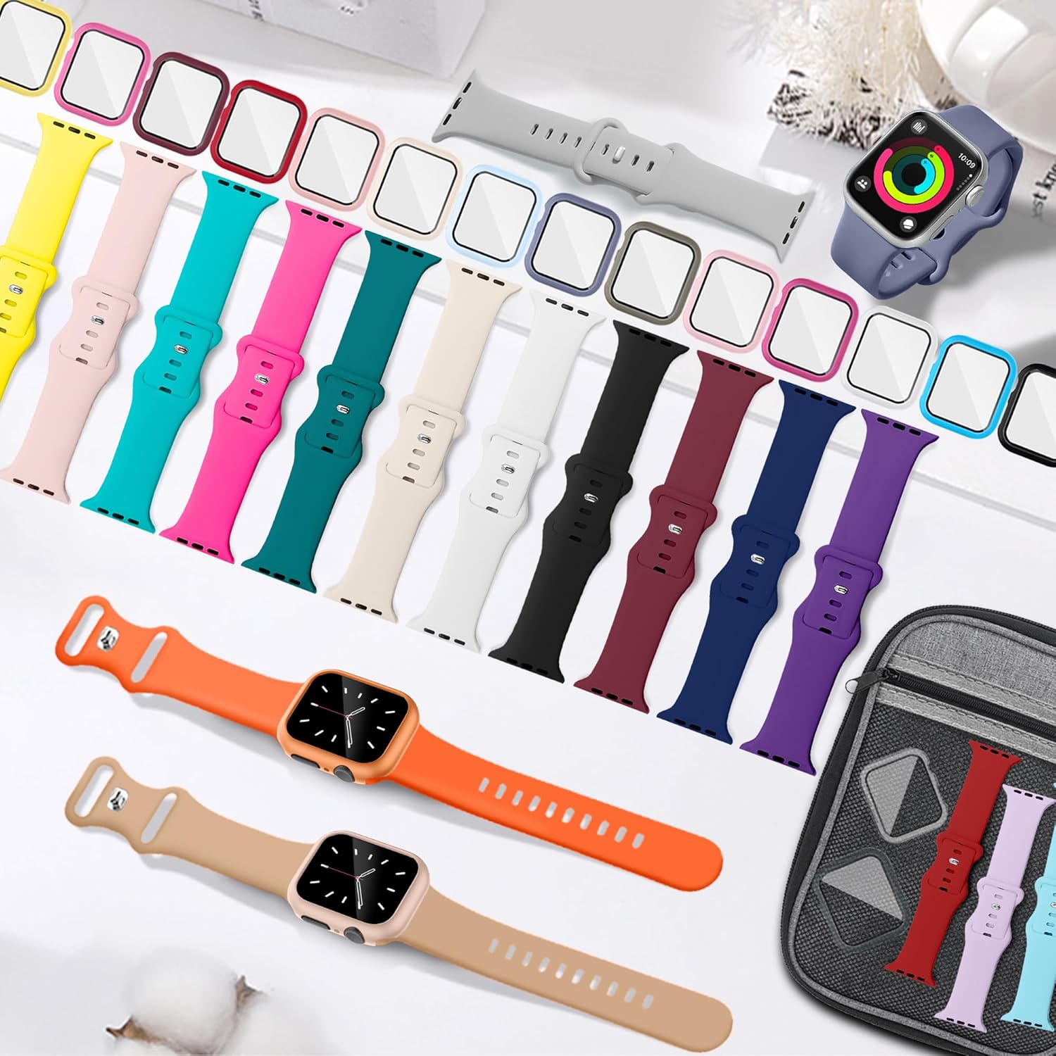 18 Pack Sport Band Compatible with Apple Watch Bands 40mm 41mm 42mm 44mm 45mm 46mm for Women Men,Silicone iWatch Bands with Screen Protector Case for iWatch 10 9 8 7 6 5 4 SE (Select the Right Size) - Image 3