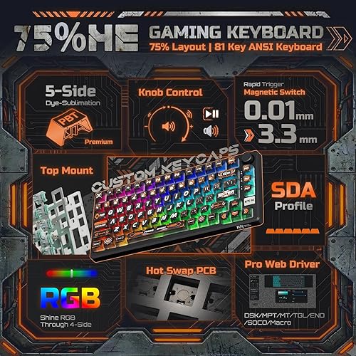 Vista 2 de RK ROYAL KLUDGE 75% HE Mechanical Gaming Keyboard Wired Hall Effect Magnetic Compact Keyboard with Rapid Trigger 8000Hz Polling Rate Hot Swappable