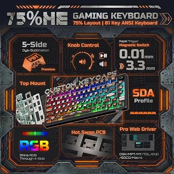 RK ROYAL KLUDGE 75% HE Mechanical Gaming Keyboard Wired Hall Effect Magnetic Compact Keyboard with Rapid Trigger 8000Hz Polling Rate Hot Swappable PCB RGB Backlit PBT Keycaps Volume Knob
