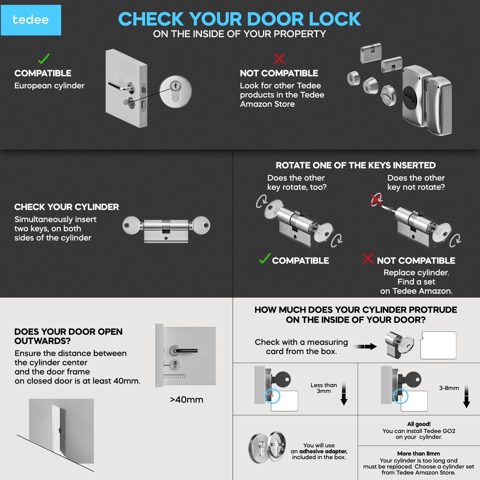 Tedee GO2 Alu Cerradura Inteligente con WiFi, Bluetooth y Sensor de Puerta, Acceso Remoto y Notificaciones por App, Bloqueo Automático sin Llave | Alexa, Google Home, Apple HomeKit, SmartThings Matter
