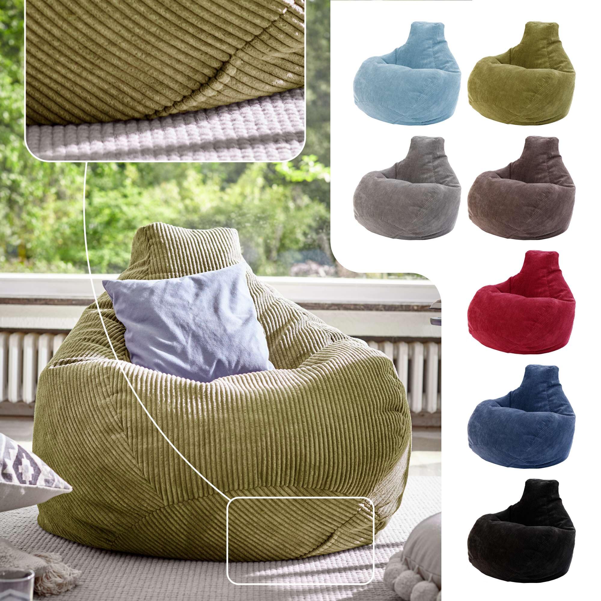 Green Bean© Beanbag con schienale 80x80x90cm - Sedia da gioco con imbottitura 230L in tessuto a coste - Cuscino da pavimento Bean Bag Lounge Chair Relax Poltrona Gamer Gaming Chair Verde