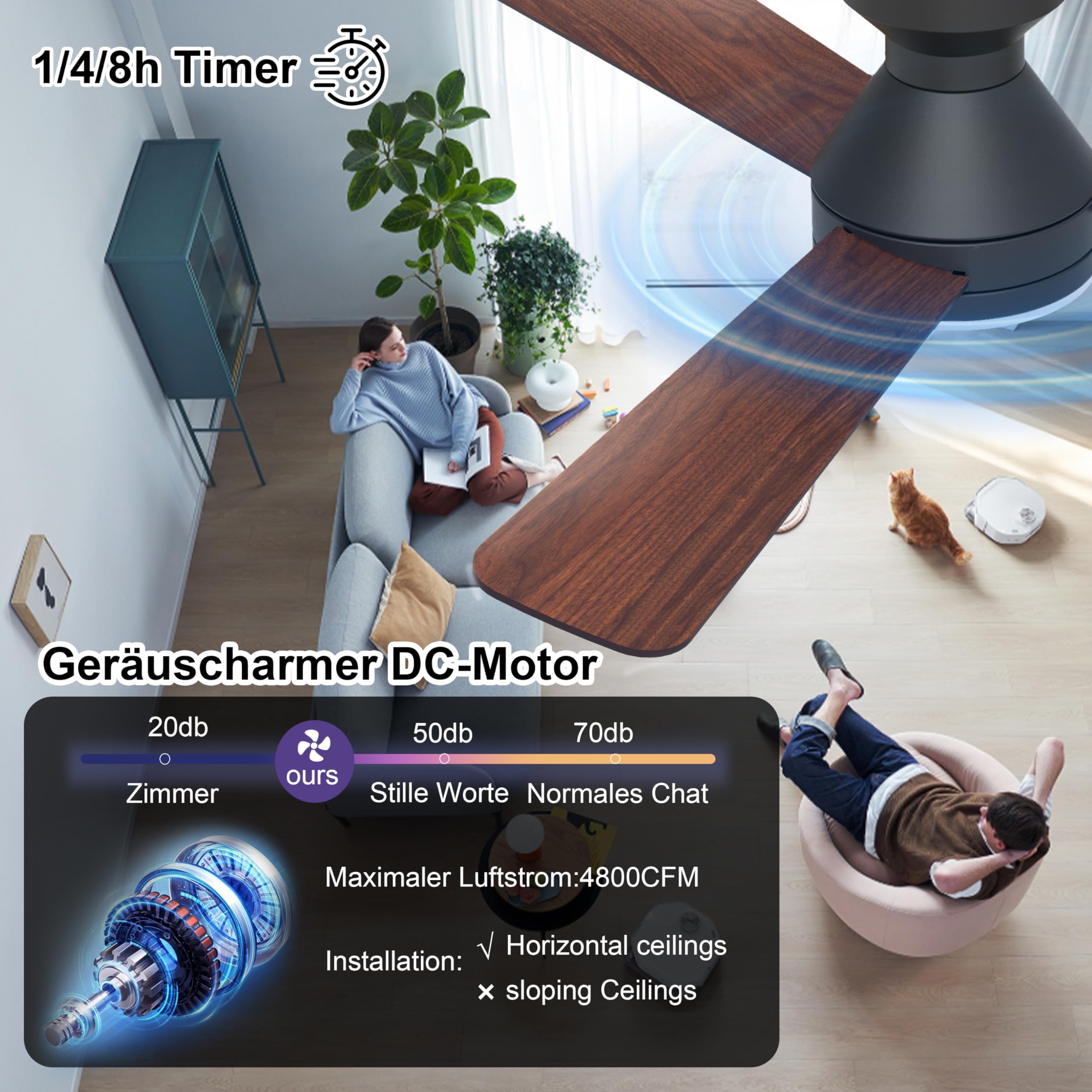 Deckenventilator mit Beleuchtung und Fernbedienung 107cm, Deckenventilator mit Licht Dimmbare LED, 3 Flügel, 6 Stufen, Leiser DC-Motor, Wendeflügel für Schlafzimmer und Wohnzimmer, Schwarz