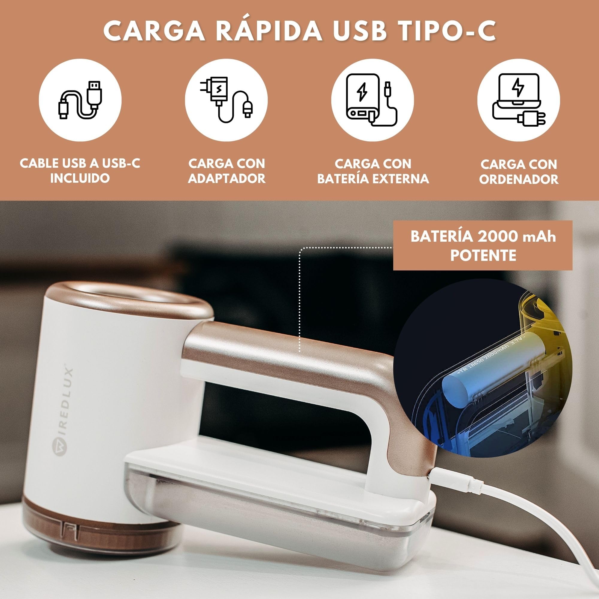 Quitapelusas Eléctrico WiredLux - Quitapelusas Recargable para Ropa y Muebles - 3 Velocidades, Cuchilla de 6 Hojas, Carga por USB - Quita Bolitas de Pelusa con Doble Protección (Blanco)