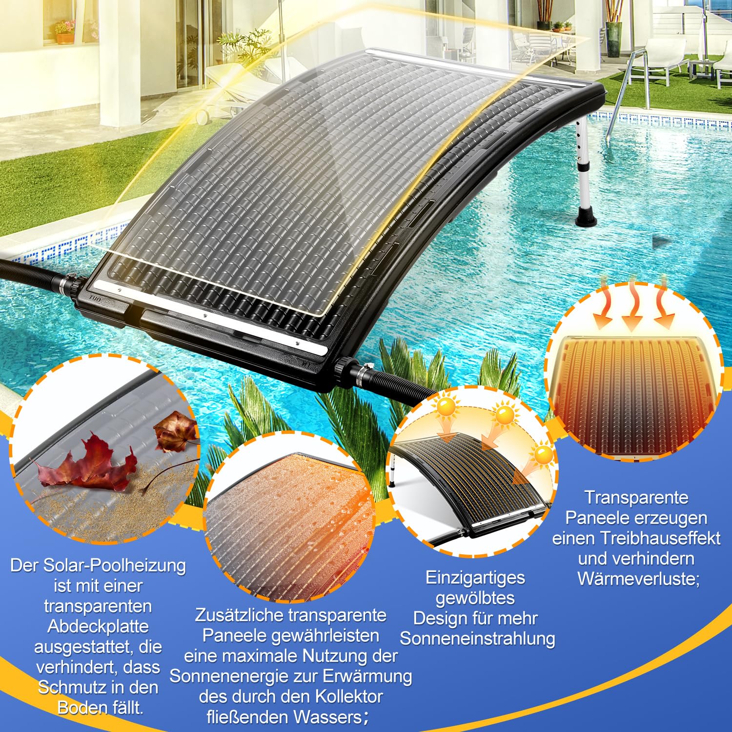 2026 Upgrade: 1-Pack Solar Poolheizung, Vierstufig Höhenverstellbare Stützfüße, Poolheizung Solar für Aufstell- und Einbaubecken, inklusive Adapter*2, Schläuche*2, Klemmen*2 und Dichtungsbänder*2