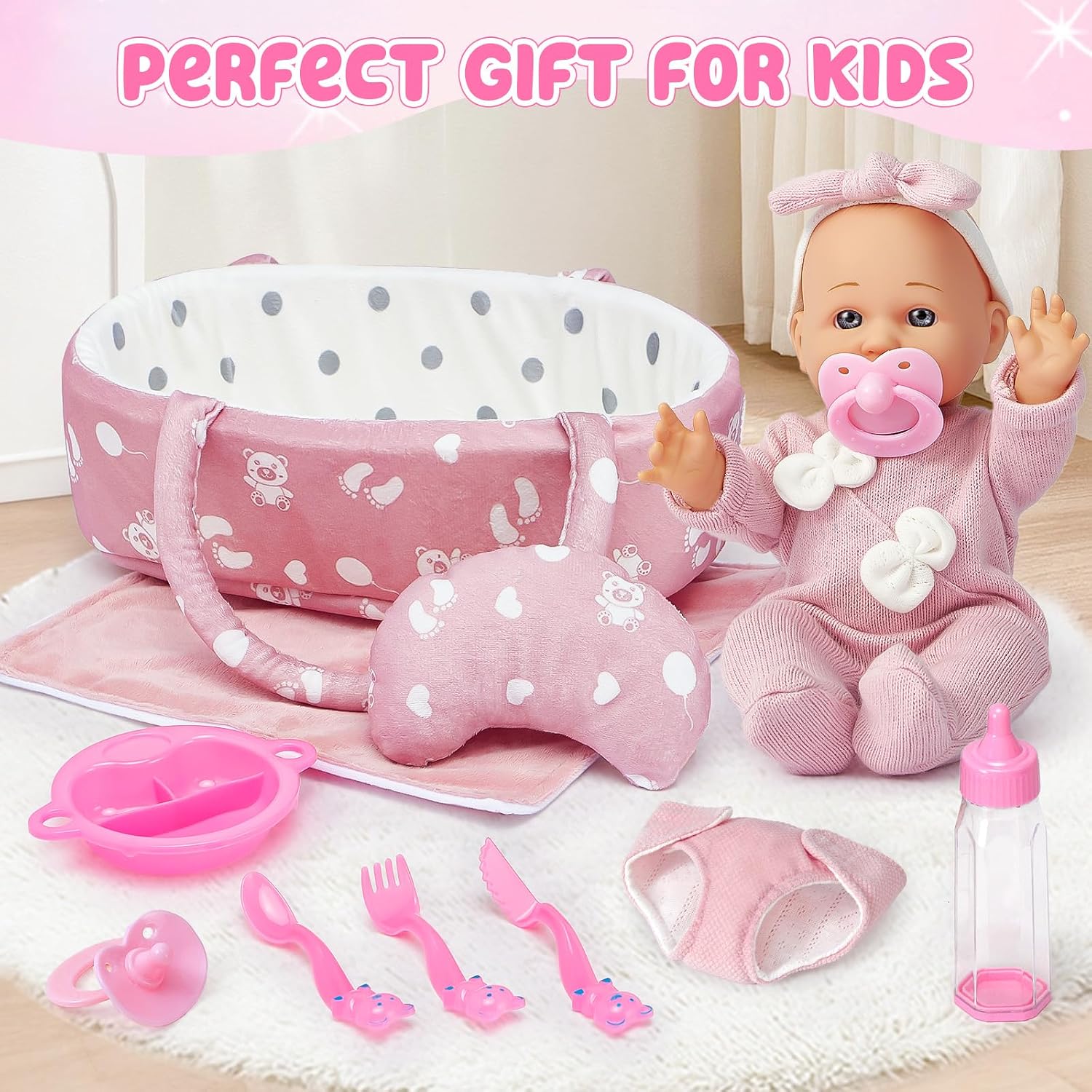 Golray 12" Soft Baby Doll Set with Accessories Bassinet Carrier, 13 Pcs First Toddlers Realistic Baby Doll Crib with Pillow/ Clothes/ Feeding Kit, Pretend Play Toy Birthday Gift for Girls Ages 3 4 5 6 image 2
