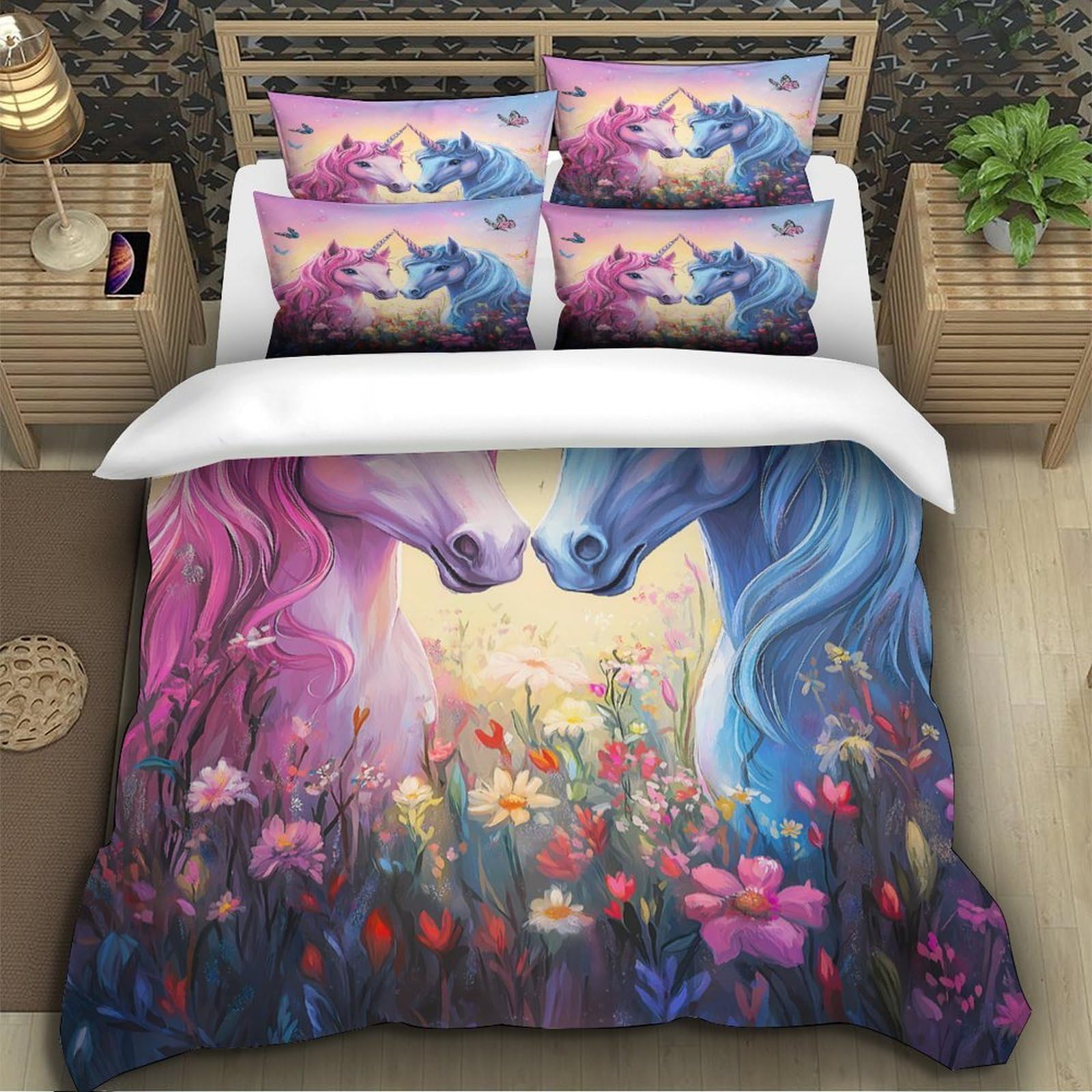 Einhorn-Pärchen 3D-Bedruckt 3er-Set Bettbezug Fantasy Kuschelbezug Mikrofaser Reißverschluss Hypoallergen für Kleinkinder Jugendliche Mädchen Super King（260x220cm）