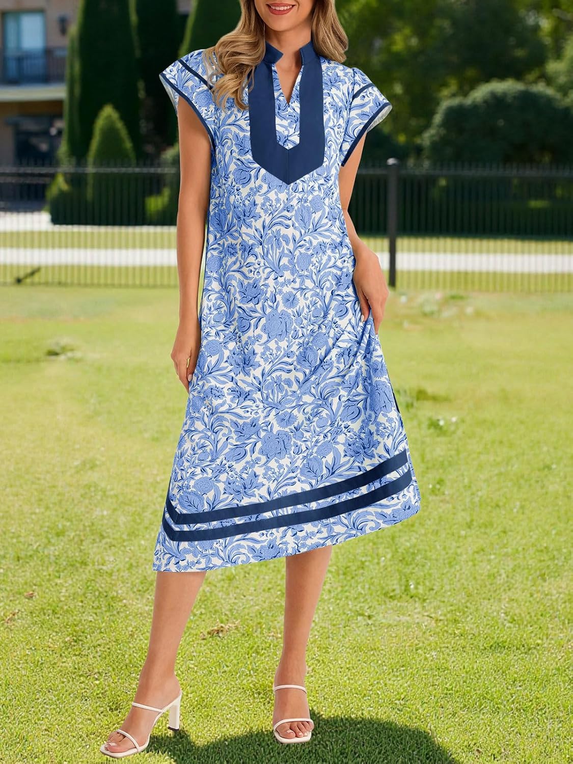 Wenrine Womens Summer Floral Maxi Dress Casual Short Cap Sleeve V Neck Color Block Side Slit Loose Boho Beach Dresses - Image 4