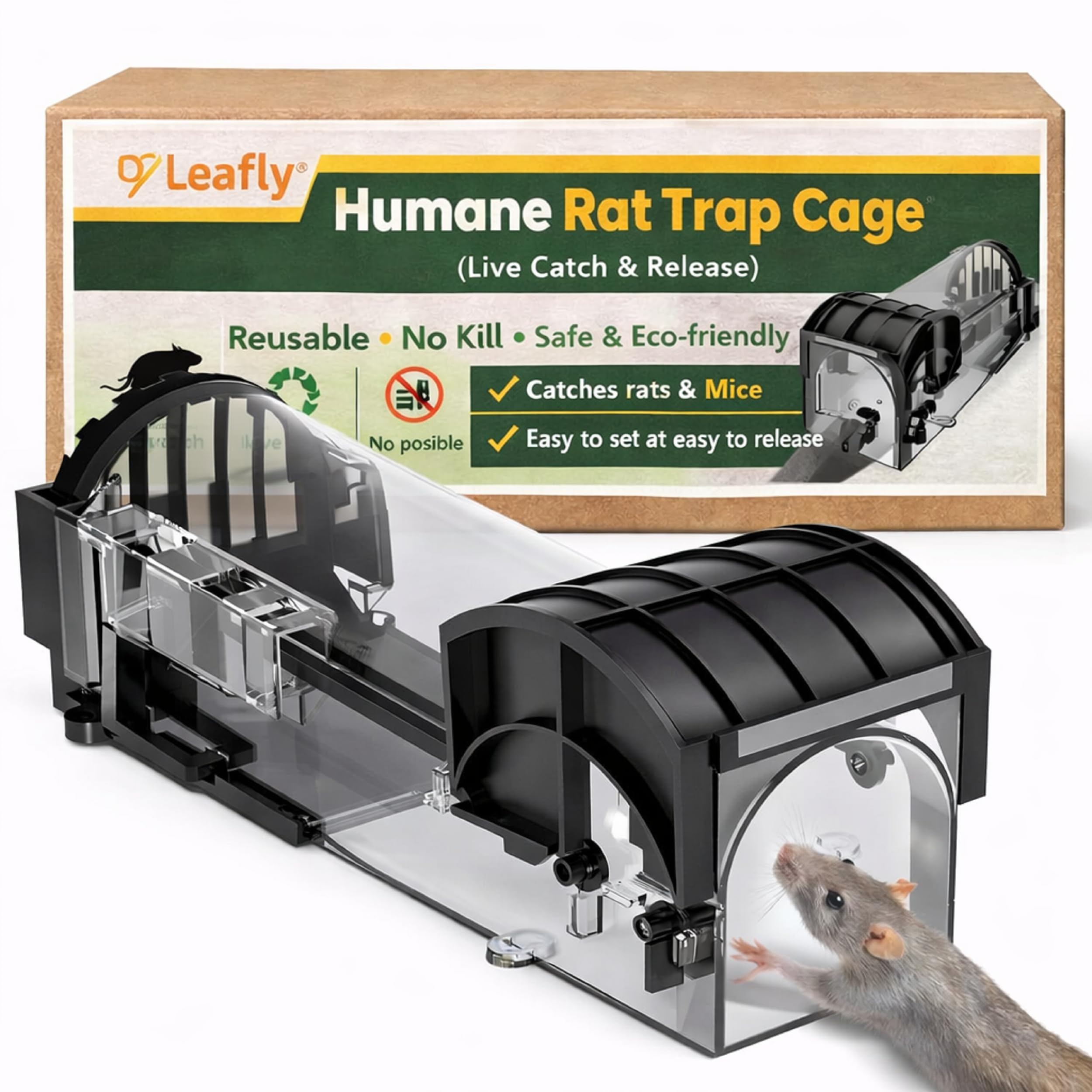 Leafly Rat Trap Cage for House Garden Patio, 32 cm Humane Mouse Trap Enlarged No Kill Reusable Catch and Release Smart Rat Catcher Trap for Home, Rodent Trap for Mice, Pets, Rodents