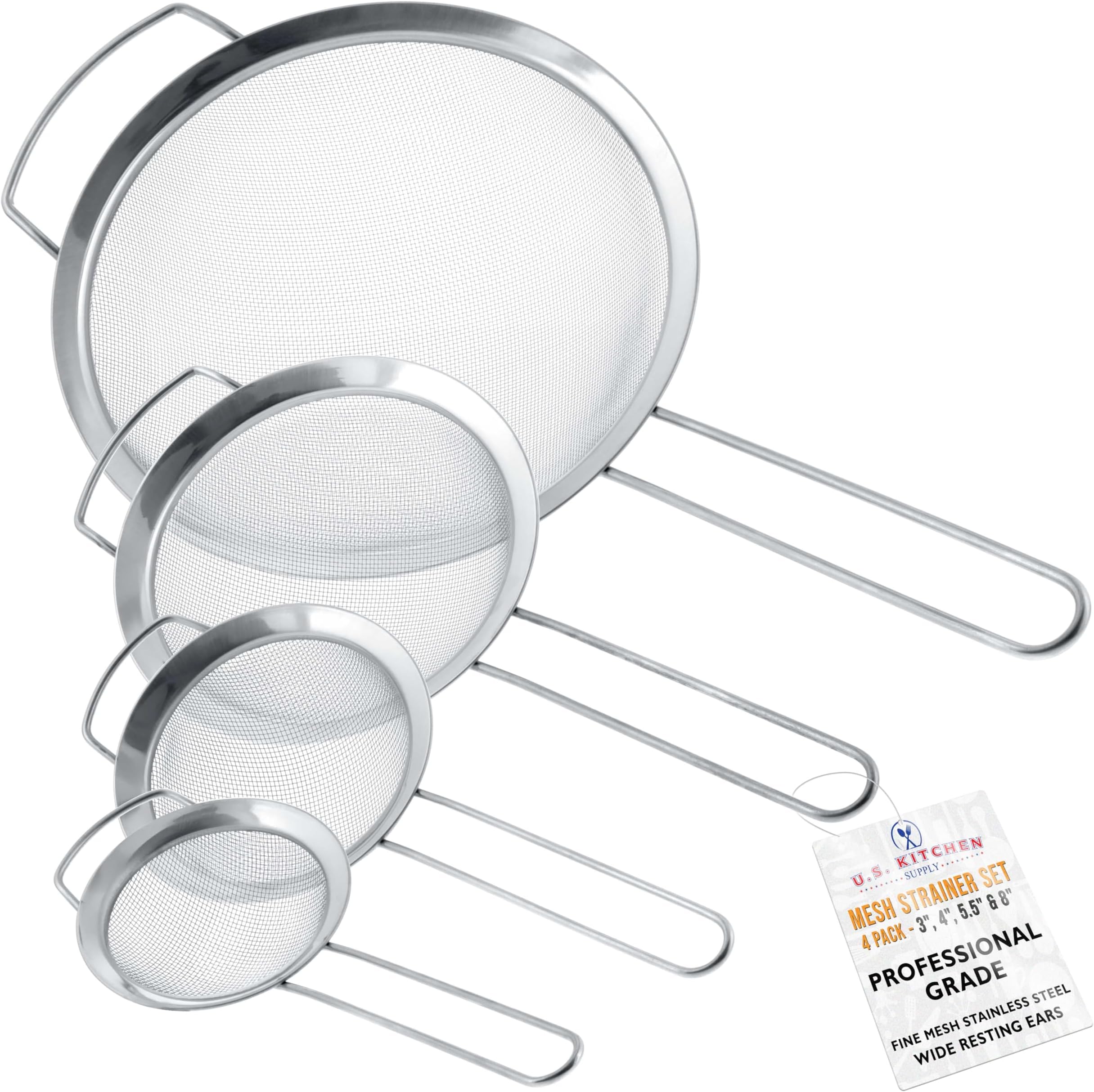 U.S. Kitchen Supply - Set of 4 Premium Quality Fine Mesh Stainless Steel Strainers with Wide Resting Ear Design - 3", 4", 5.5" and 8" Sizes - Sift, Strain, Drain and Rinse Vegetables, Pastas & Tea