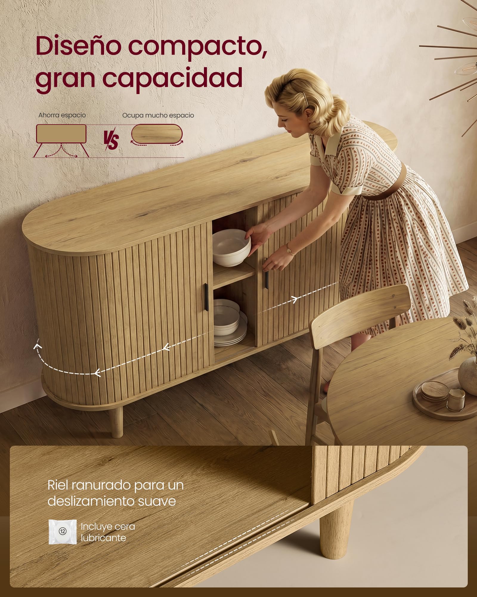 VASAGLE Aparador, Armario de Almacenaje con Puertas Correderas, Estantes Ajustables, 140 x 40 x 75 cm, Marrón Arena, para Salón y Comedor, Colección Miriana LSC631KK01