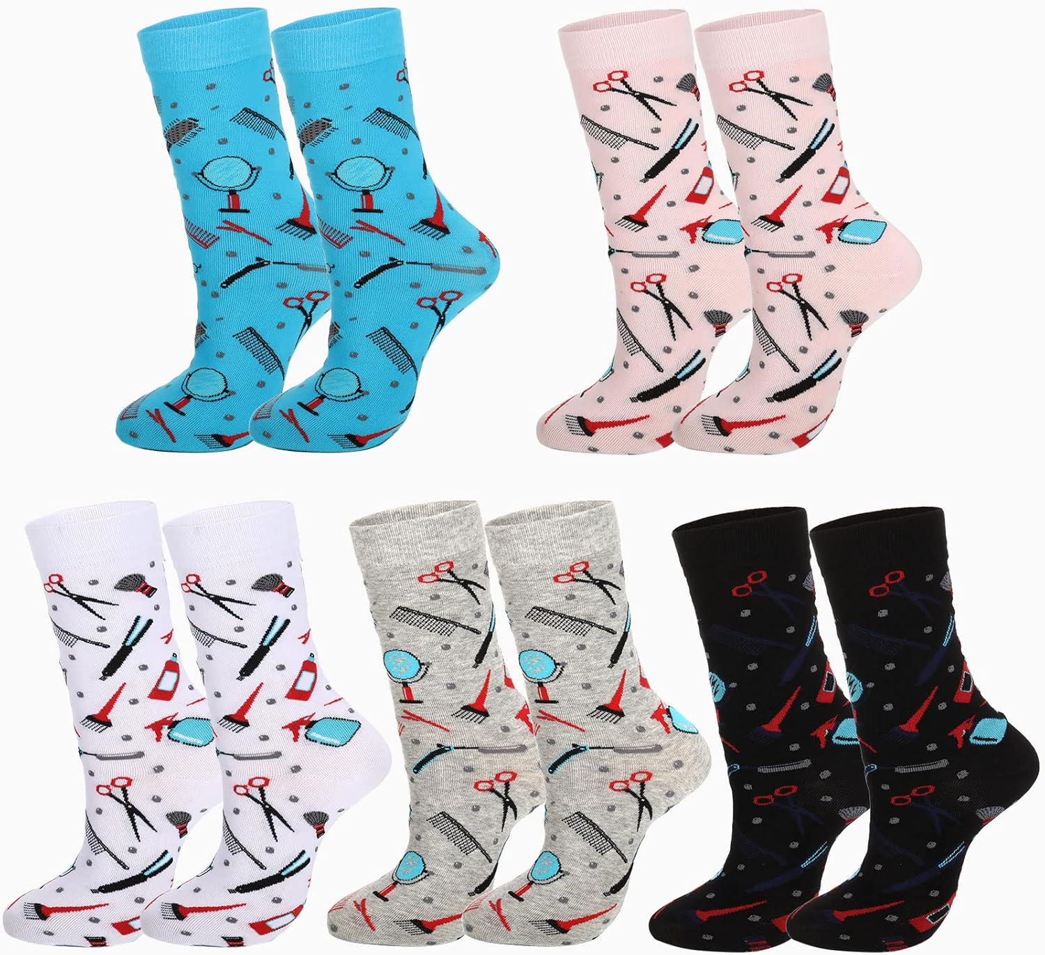 5 Pairs Funny Barber Socks - Christmas Gifts for Hairdresser, Hairstylist, Women & Men - Novelty Socks, 5 Colors, US 4.5-11.5 - Image 3