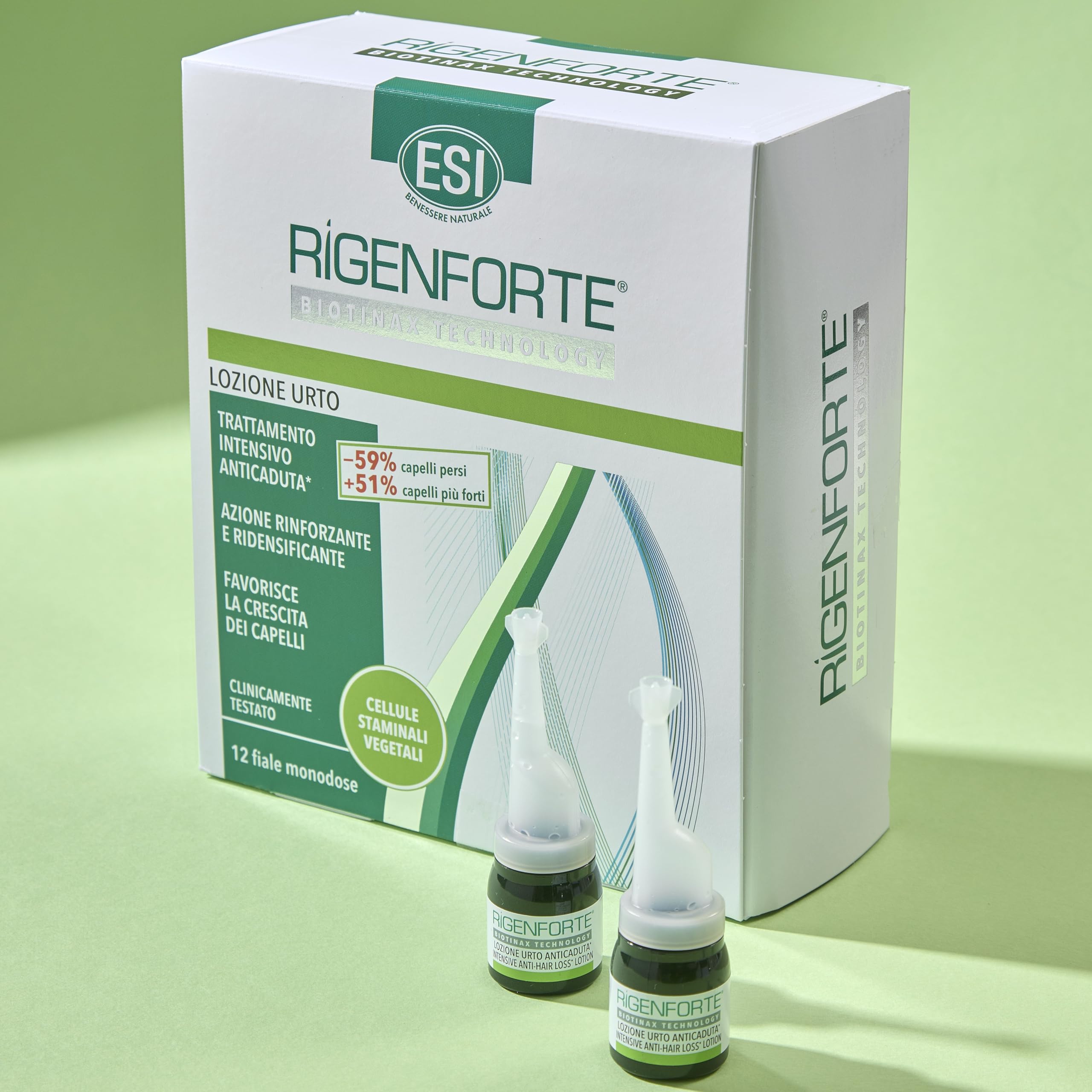ESI - Rigenforte Lozione Urto, Trattamento Contro la Caduta dei Capelli con Biotinax, Protegge da Stress Ossidativo e Migliora la Salute del Capello, Dermatologicamente Testato, 12 Fiale