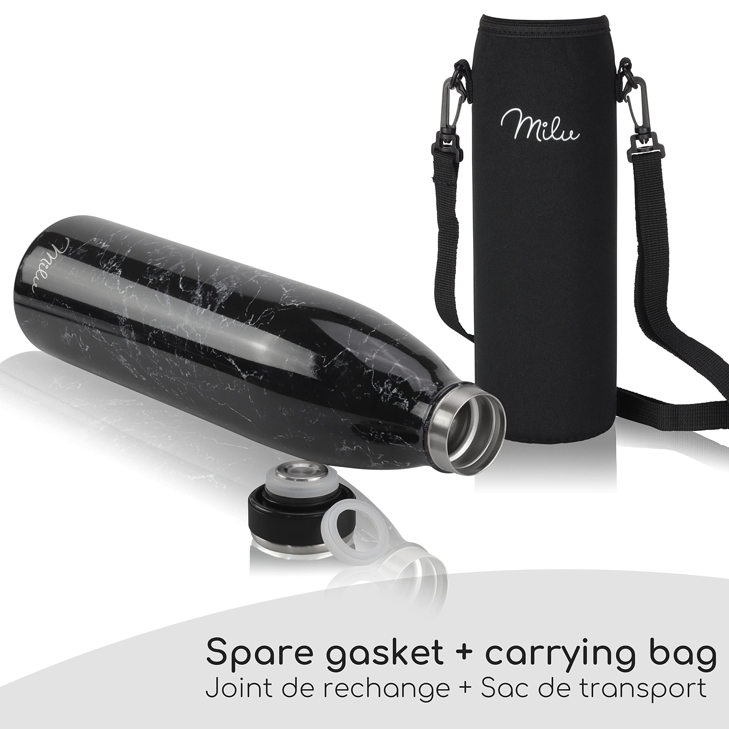 Milu Gourde en acier inoxydable 350 ml 500 ml, 750 ml, 1000 ml, 1,5 l – Bouteille isotherme, bouteille d'eau isolée, double paroi anti-fuite, convient aux acides carboniques (Granit, 1L)