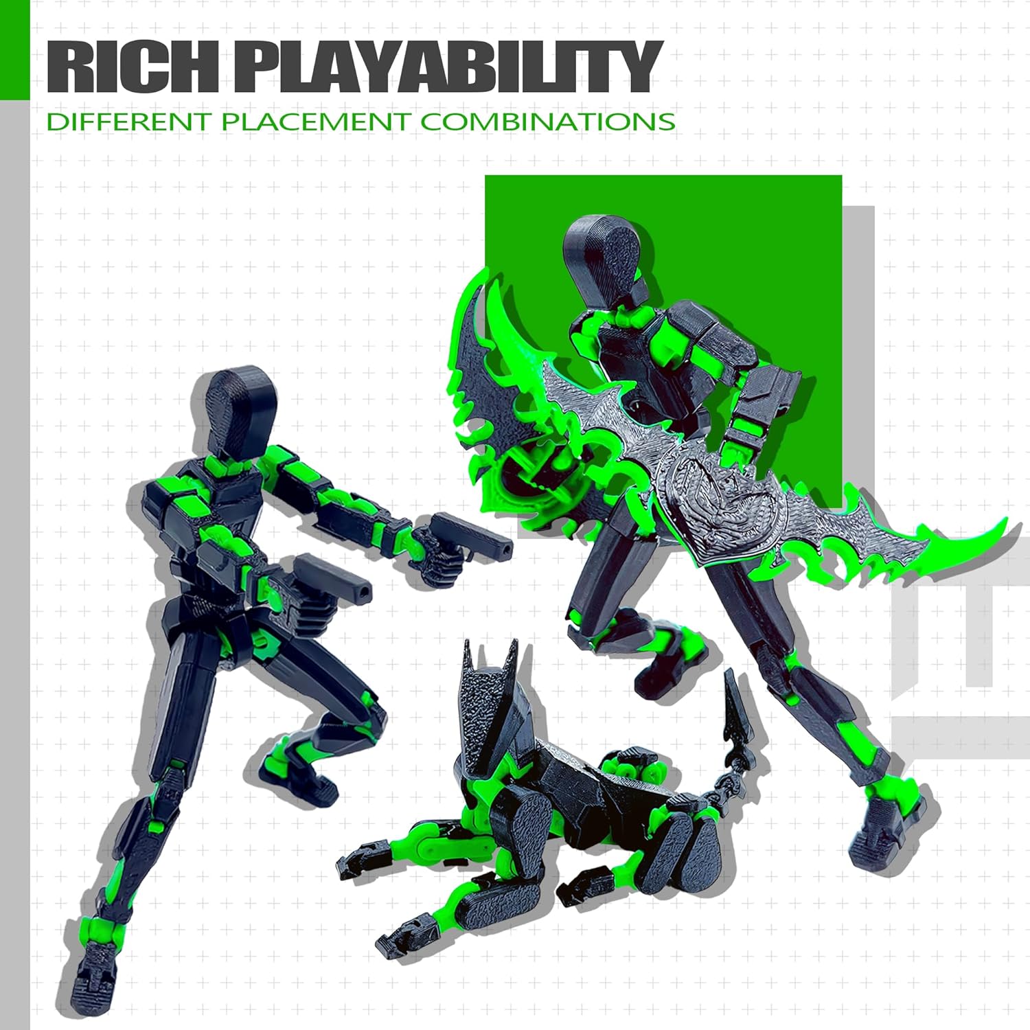 Uodofy (Assembly Completed) T13 3D Action Figure Set,Dummy Robo Titan 13 Action Figures,3D Printed Multi-Jointed Toy (Black + Green)