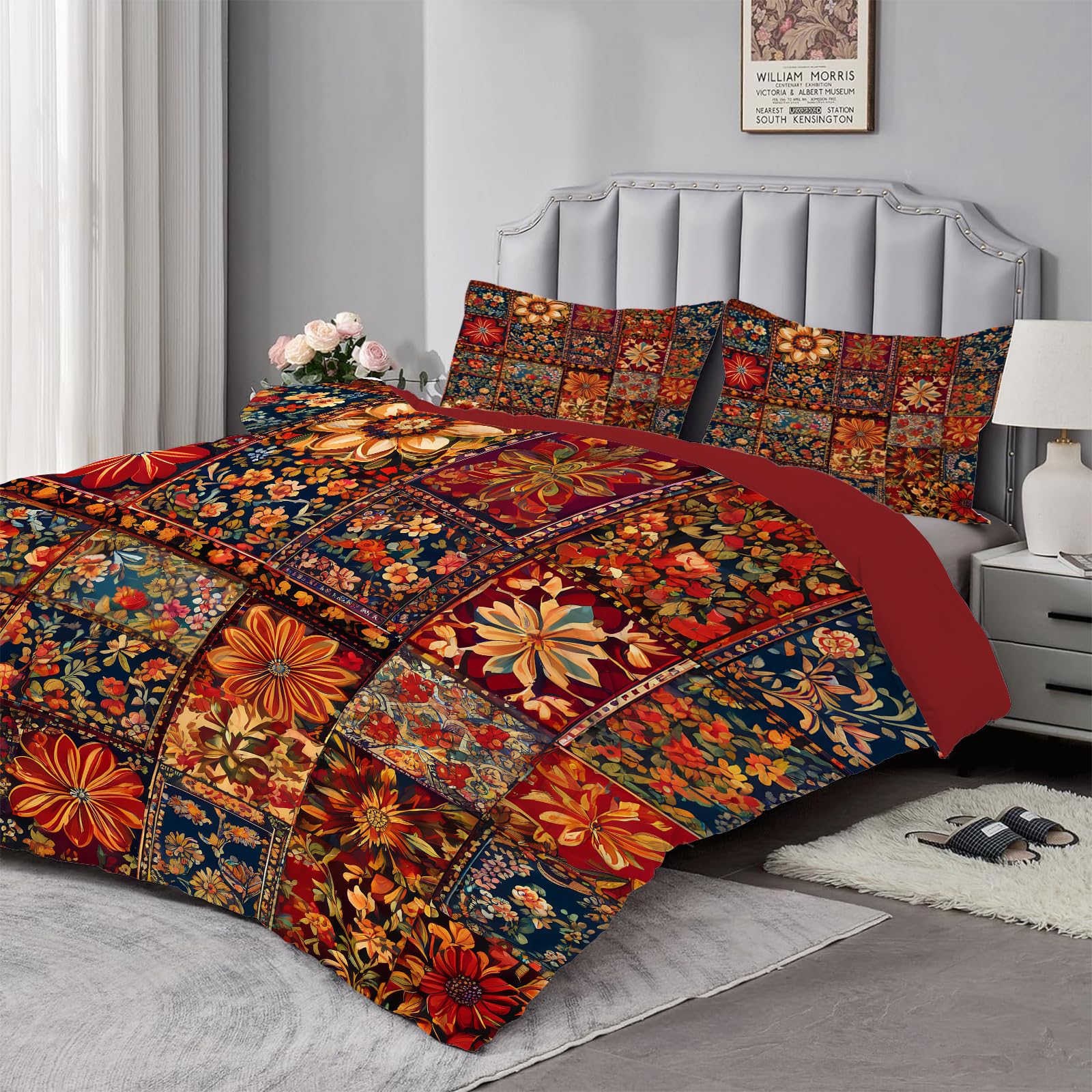 Couette 220x240 - Couette Imprimée Patchwork - Couette 4 Saisons Motif Bohème Fleurs - Couette Réversible 2 Personnes Édredon Lavable et Taies d'oreiller 65x65 - Rouge B53