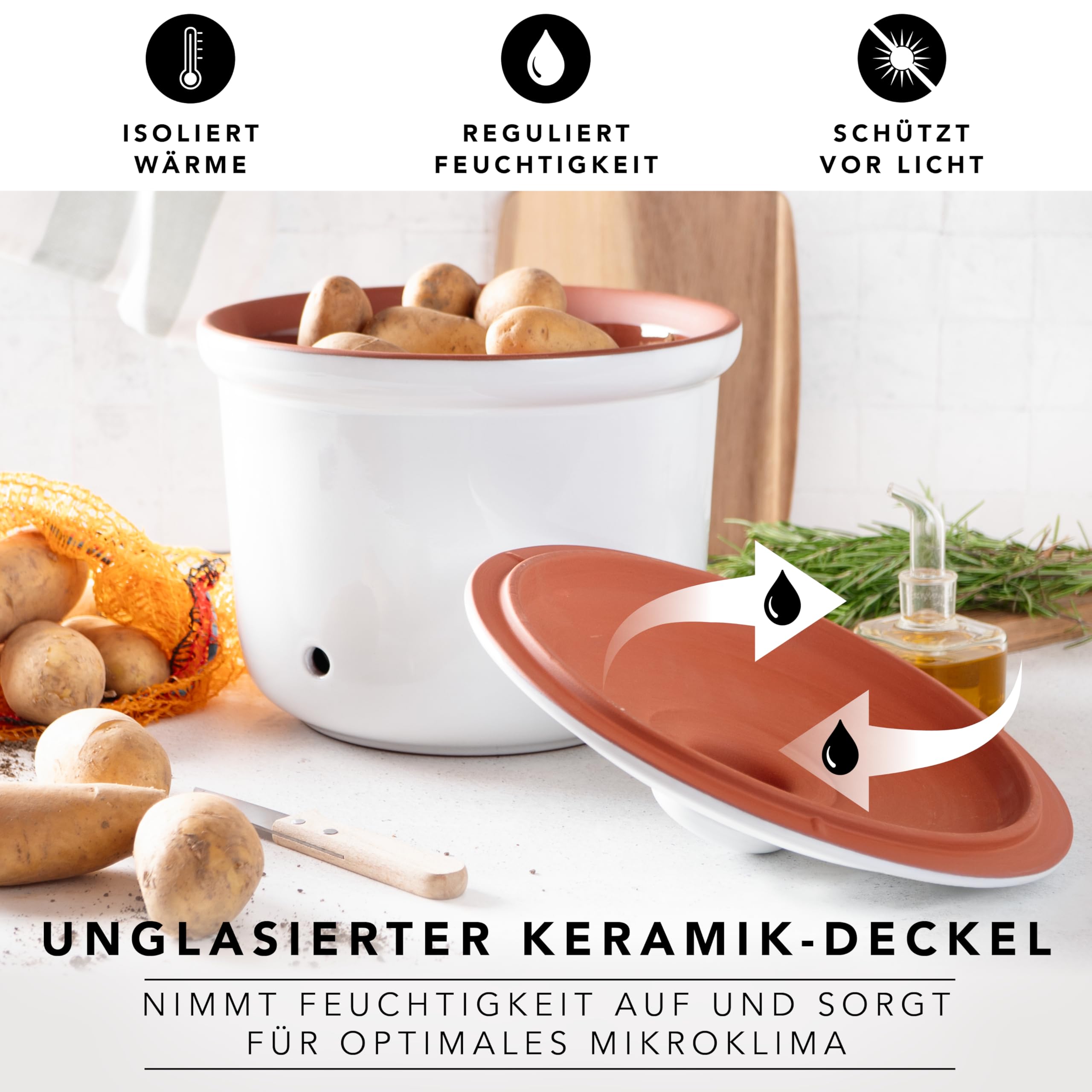 Romertopf Pot fraîcheur MAXI PLUS 5,5 l – Pot à pommes de terre en céramique – Argile respirante pour garder les légumes frais plus longtemps – Circulation de l'air idéale – Blanc