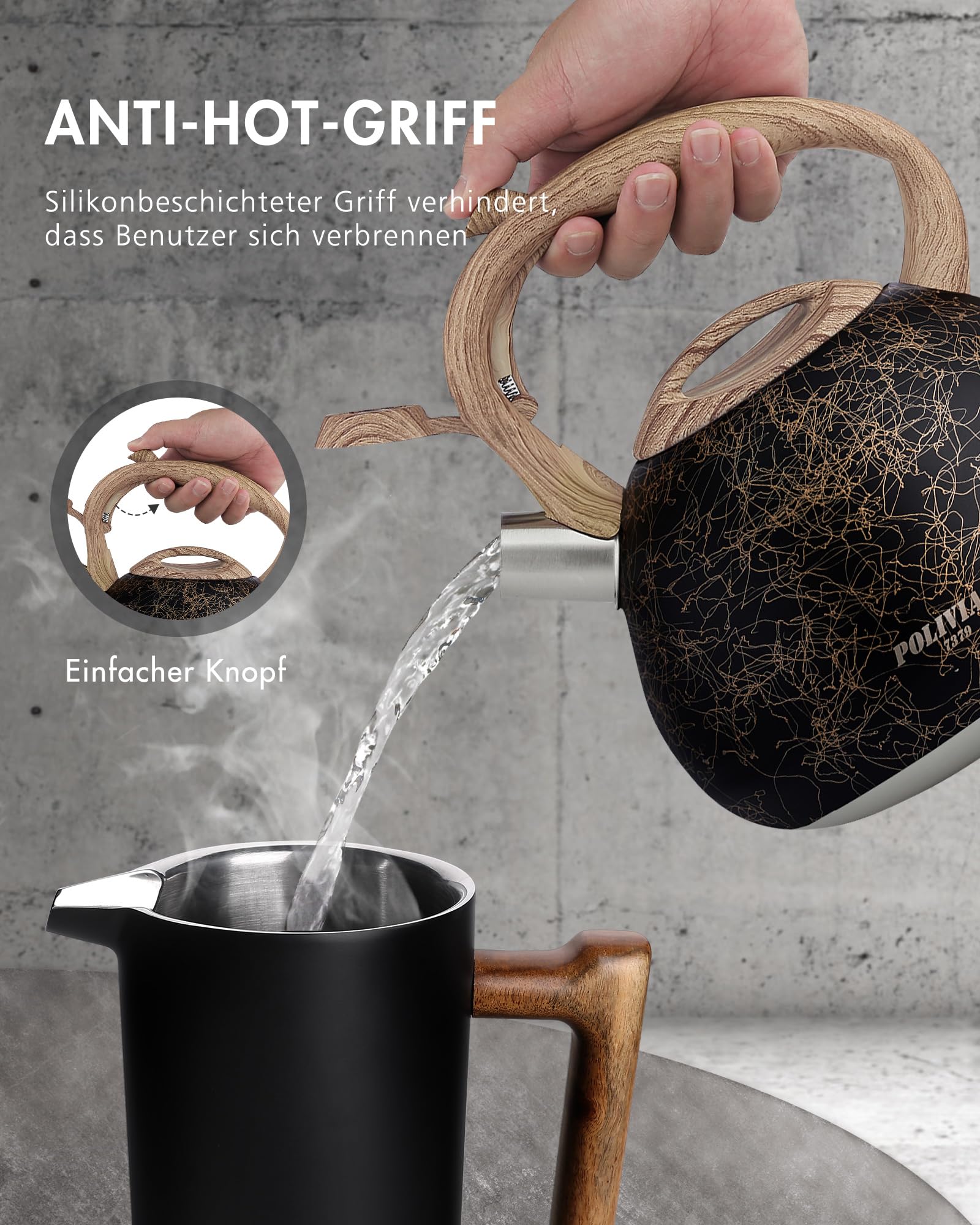 Poliviar, bollitore moderno a induzione, in acciaio inox, per tutti i piani cottura, bollitore a fischio con manico in venatura del legno, bollitore per tè e caffè, max. 2,7 l, oro nero