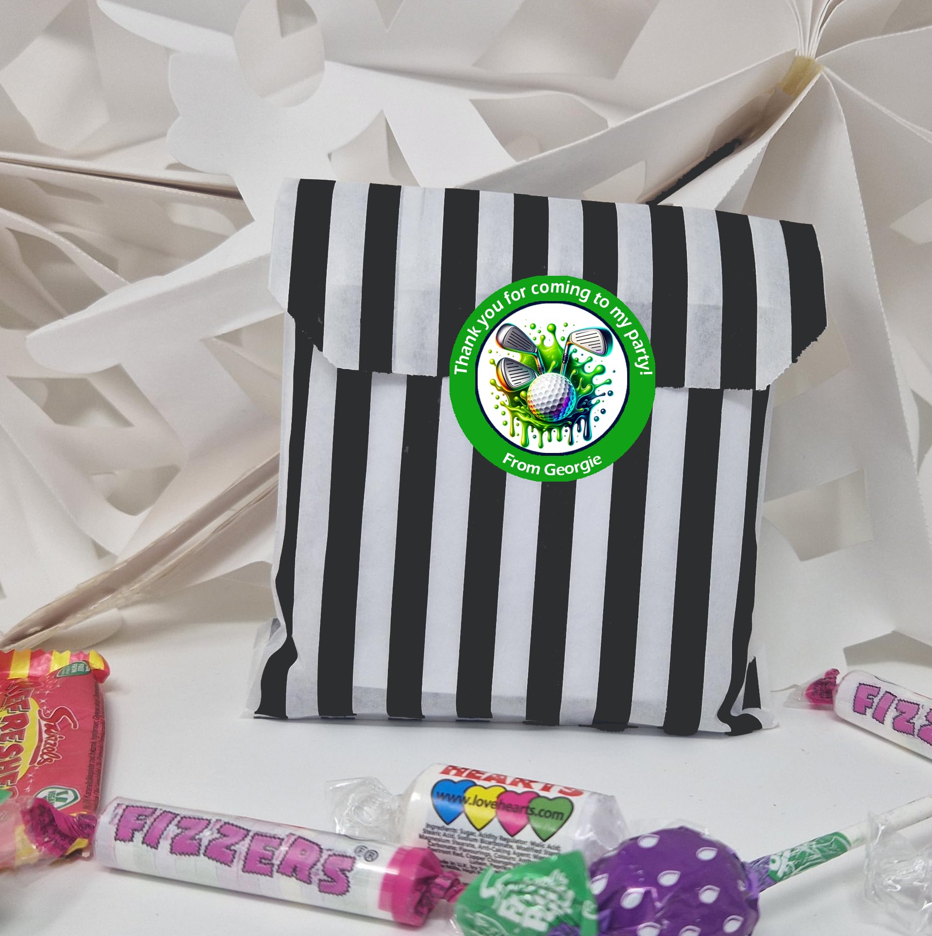 Personalised Golf Party Stickers – 45mm Round Labels for Party Bags, Favours or Sweet Cones – Golf Themed Birthday Decoration - 24 Green Golf Stickers with 24 Empty Bags