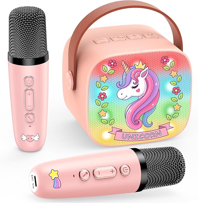 Karaoke per Bambini con 2 Microfono Wireless Bambini, Unicorno Regalo Bambina 3-12 Anni Portatile Canta tu Karaoke Microfono Bluetooth con DSP e luci LED Giochi Giocattoli Bambina 3-12 Anni