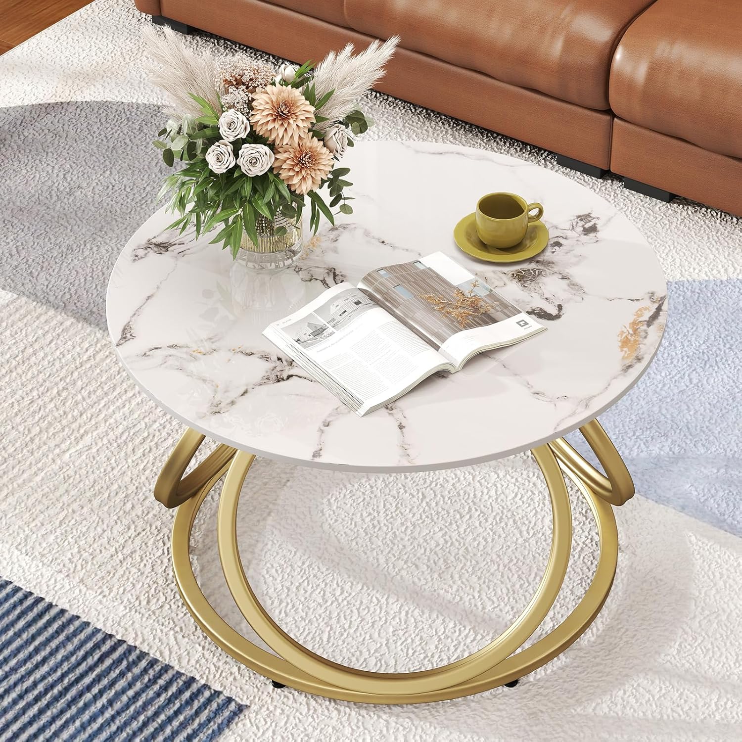 OIOG Round Gold Coffee Table, Modern Coffee Table with Natural Sintered Stone, Marble Look Center Table for Living Room
