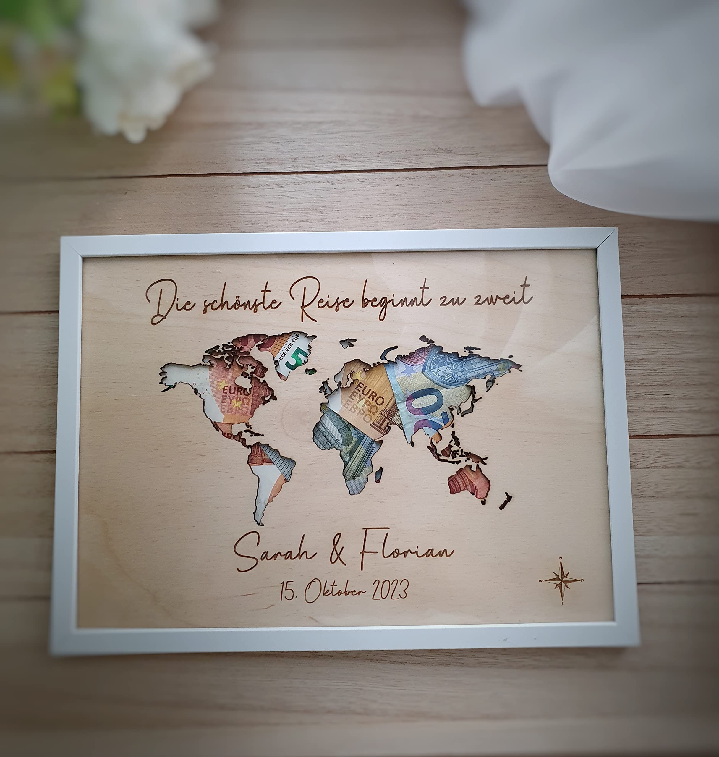 Generisch Hochzeitsgeschenk personalisiert | Geldgeschenk Hochzeit | Weltkarte personalisiert | Geschenk Hochzeit | personalisiertes Hochzeitsgeschenk | Geschenk Flitterwochen (Größe 30x20 cm)