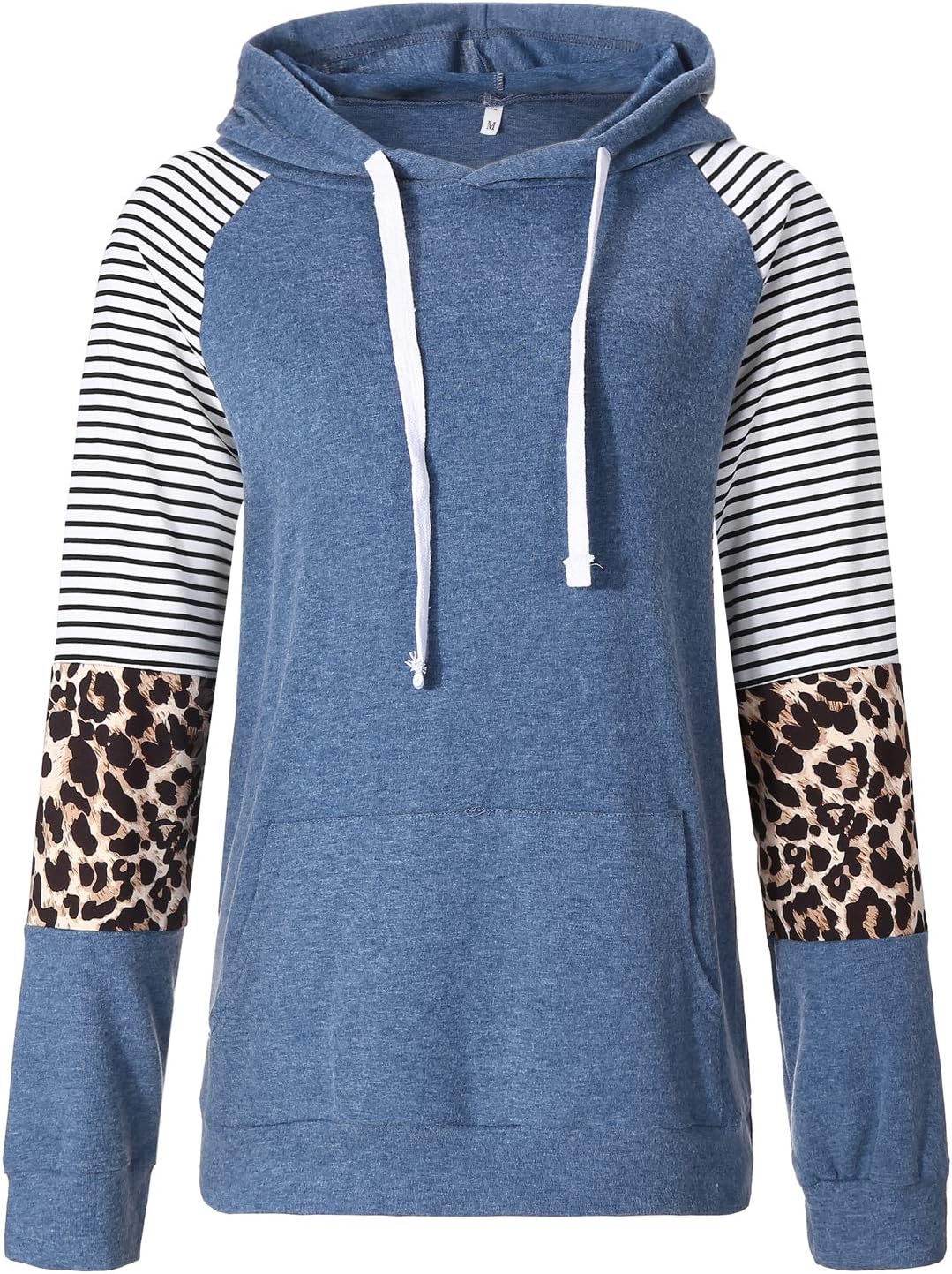 Womens Long Sleeve Leopard Color Block Hoodies Pullover Sweatershirt Casual Loose Fit Hoody Blouse with Pocket (Small, Blue)