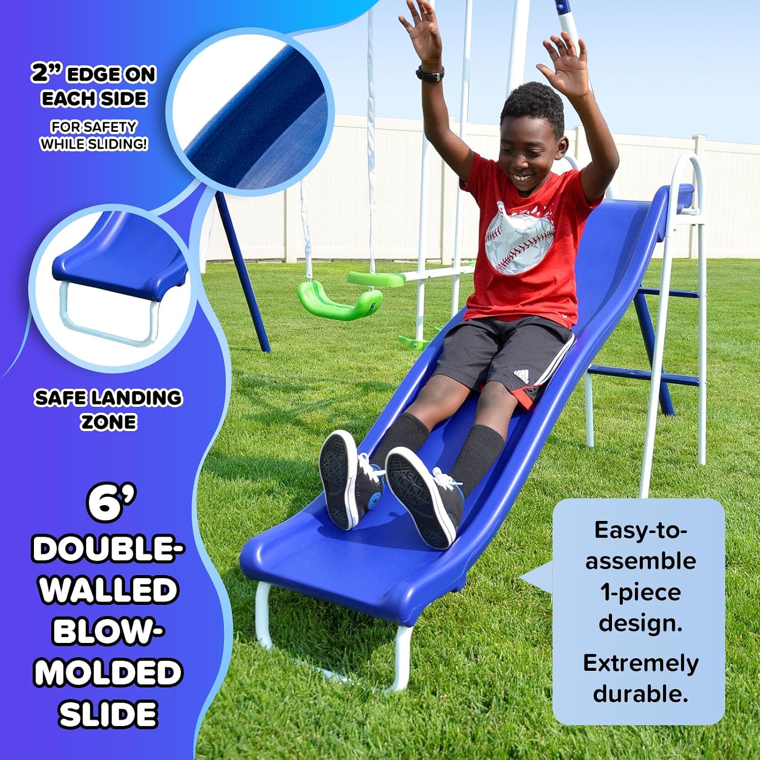 A child happily sliding down the 6-foot double-walled blow-molded slide of the Sportspower Mountain View Metal Swing Set. The image highlights the safe landing zone and 2-inch safety edges on the slide.