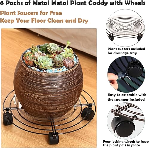 Miniatura 8 de Paquete de 6 estantes grandes de metal para plantas con ruedas de 13 y 11.8 pulgadas, soportes rodantes de hierro forjado de alta resistencia con