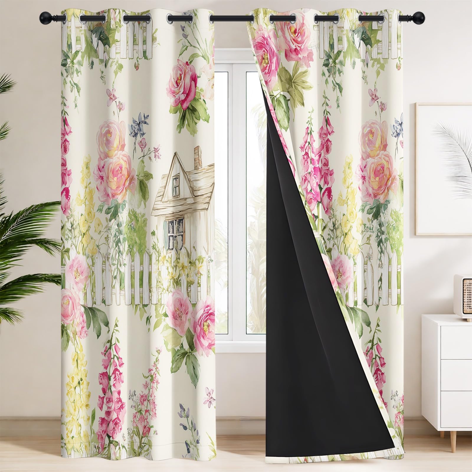 Générique Rideaux Motif Aquarelle Champêtre, 117 x 137 CM Lot de 2, Rideau Occultant Floral Maison, Thermique, Oeillets, Opaque, Decoration Chambre, Salon, Draperies Fenetre
