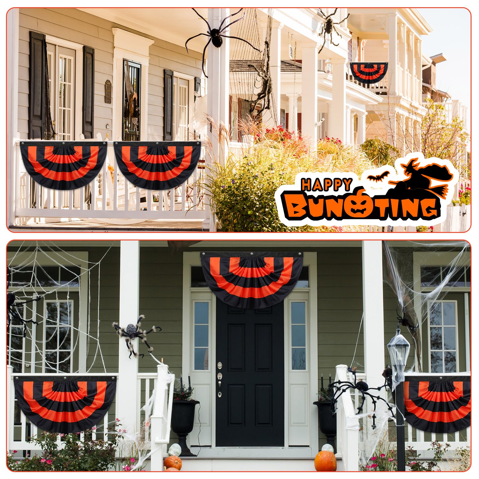 Newwiee Lot de 8 fanions plissés à suspendre avec 3 œillets pour Halloween, intérieur, extérieur, maison, vacances, cour, fête - Noir et orange
