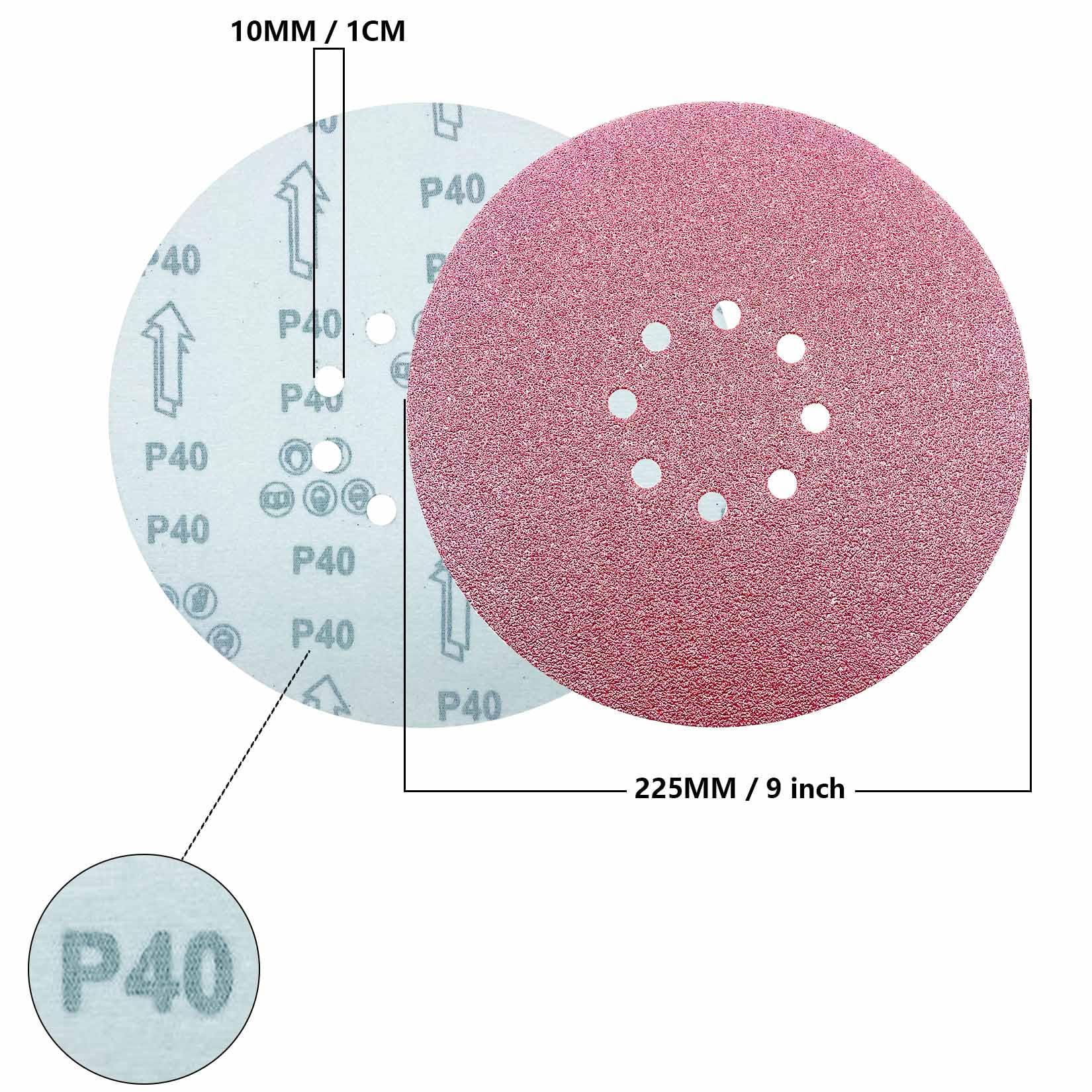 55 Piezas Discos de Lija 225 mm, Discos de Pulir 8 Agujeros Redondos Papel Abrasivo para Lijadora de Cuello Largo Lijadora de Paredes y Techos (40/60/80/120/240 Grano) Papel De Lija