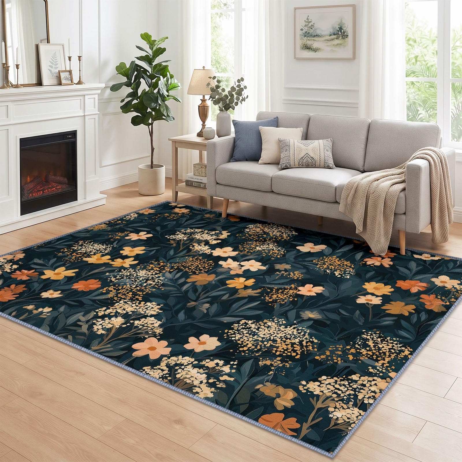 Générique Lavable en Machine Tapis Salon 200x300 cm, Fleur Feuille Antidérapant à Poil Ras Tapis, Impressionniste Rustique Pastoral Écologique pour Salle à Manger Couloir Chambre Bureau