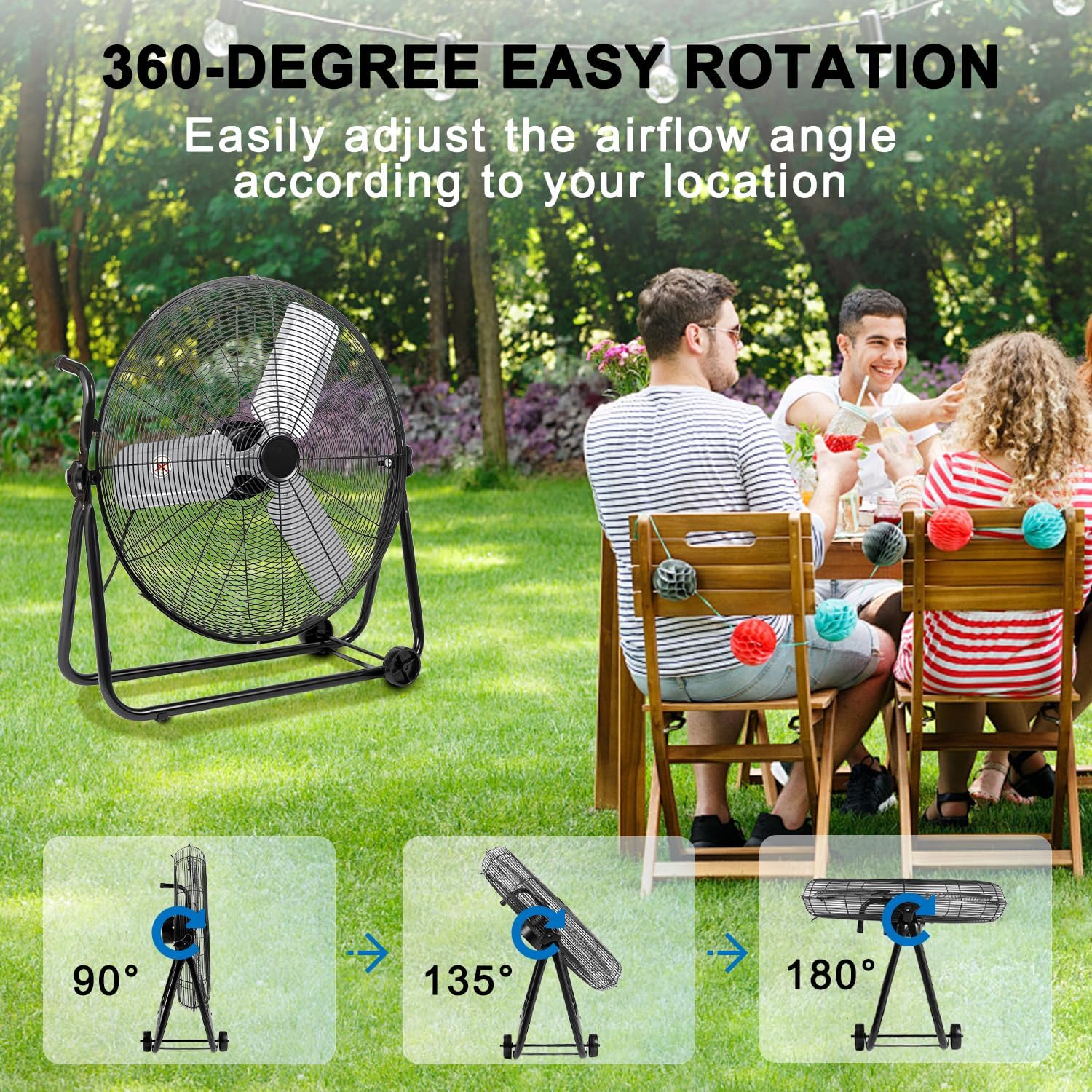 24 Inch High Velocity Industrial Fan 8500 CFM Heavy Duty Outdoor Fan 3-Speed 360 Degree Adjustable Tilt, Metal Floor Fans with Aluminum Blades for Workshop Patio Commercial Factory Garage, Black