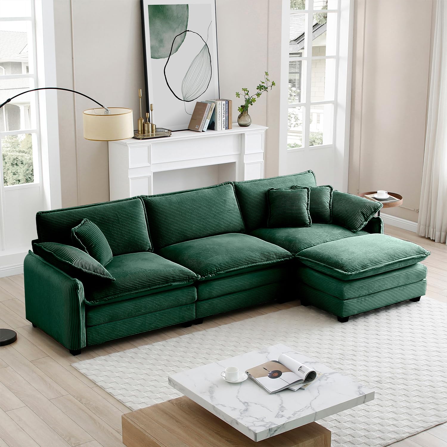 Modular Sectional Sofa With Storage Ottoman - Corduroy Fabric, Green, Convertible Cloud Couch For Living Room