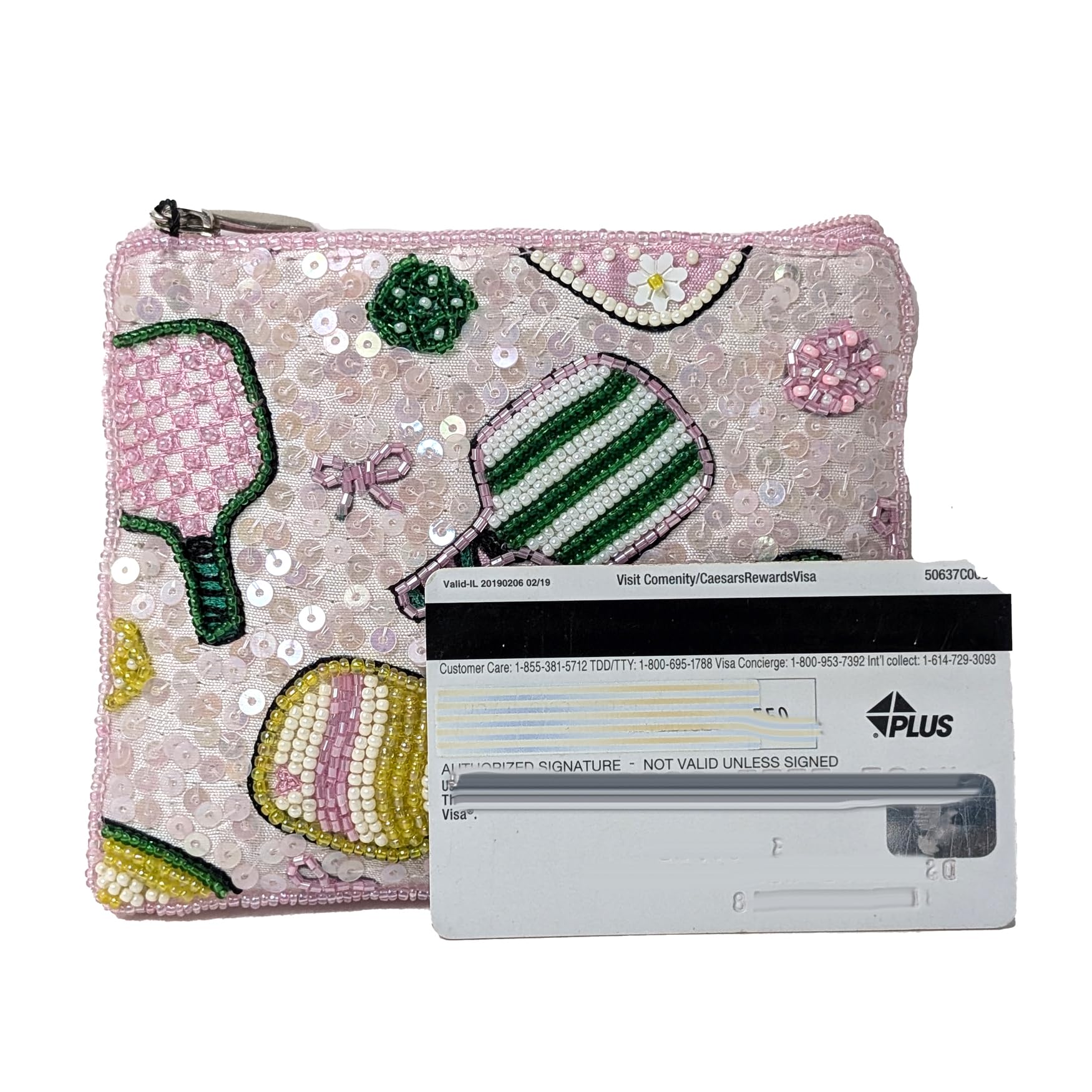 BTC Dazzling Pickleball Chic Beaded & Sequined Zip Card Case Essential Pouch Coin Purse Pink Multi