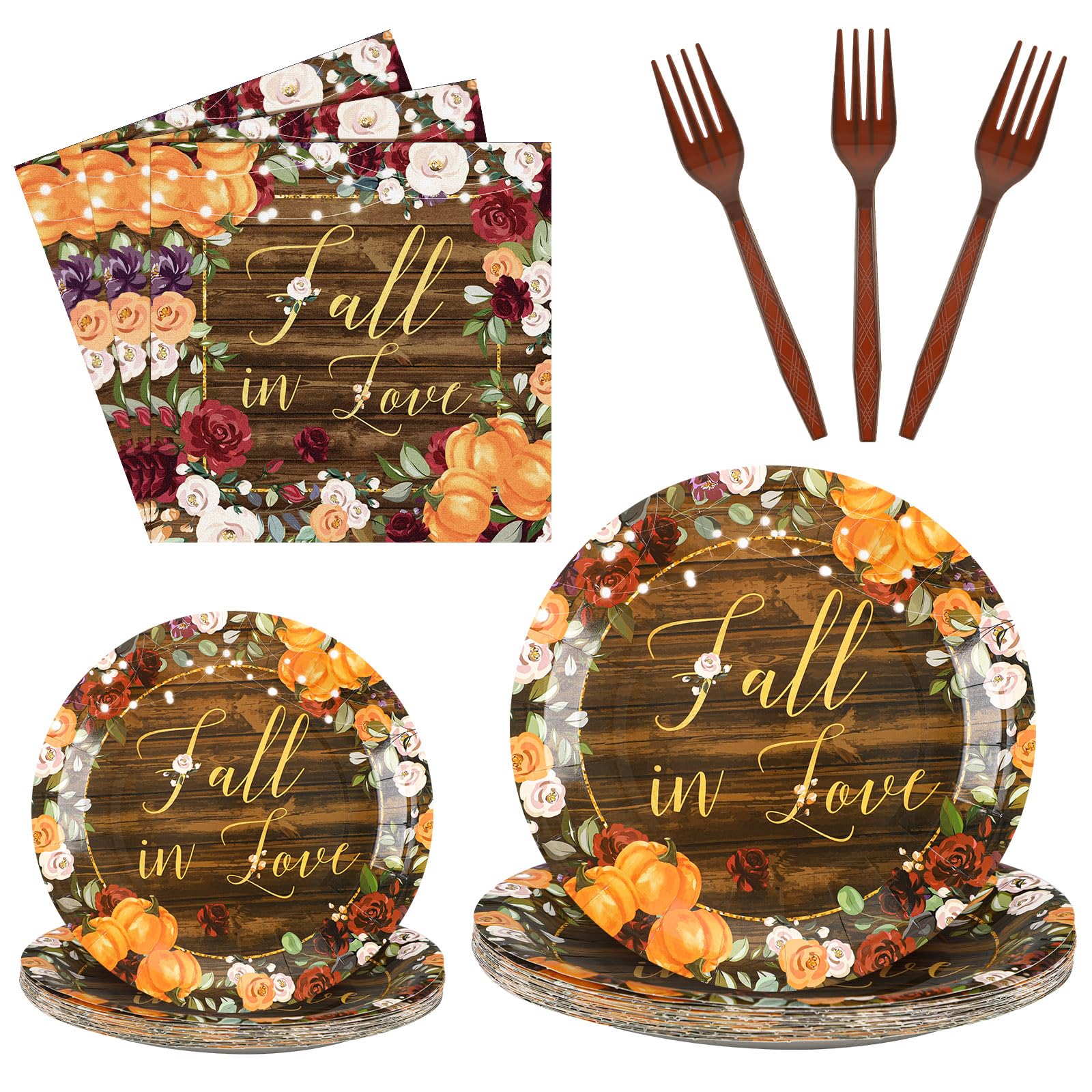Sunnyray 96-Piece Fall in Love Party Decorations Supplies: Modern Floral Pumpkin Dessert Plates, Napkins, Forks for 24 Guests - Disposable, Lightweight, Paper, Plastic Construction