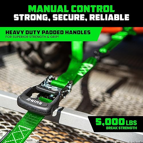 Miniatura 2 de RHINO USA Juego de correas de trinquete, resistencia a la rotura de 5,208 lbs - Incluye (4) lazos de trinquete resistentes con asas acolchadas y