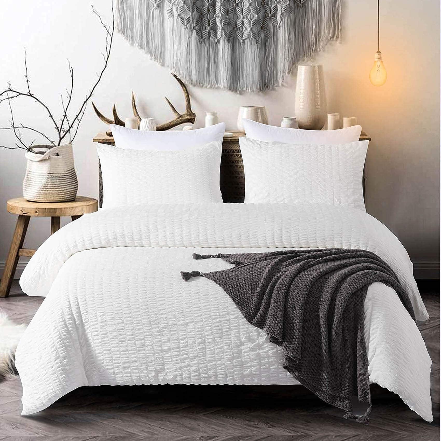 Seersucker Duvet Cover Set King Size 3 Pieces White Textured Bedding Duvet Cover Ultra Soft Lightweight Microfiber Comforter Cover Set with Zipper Closure Corner Ties